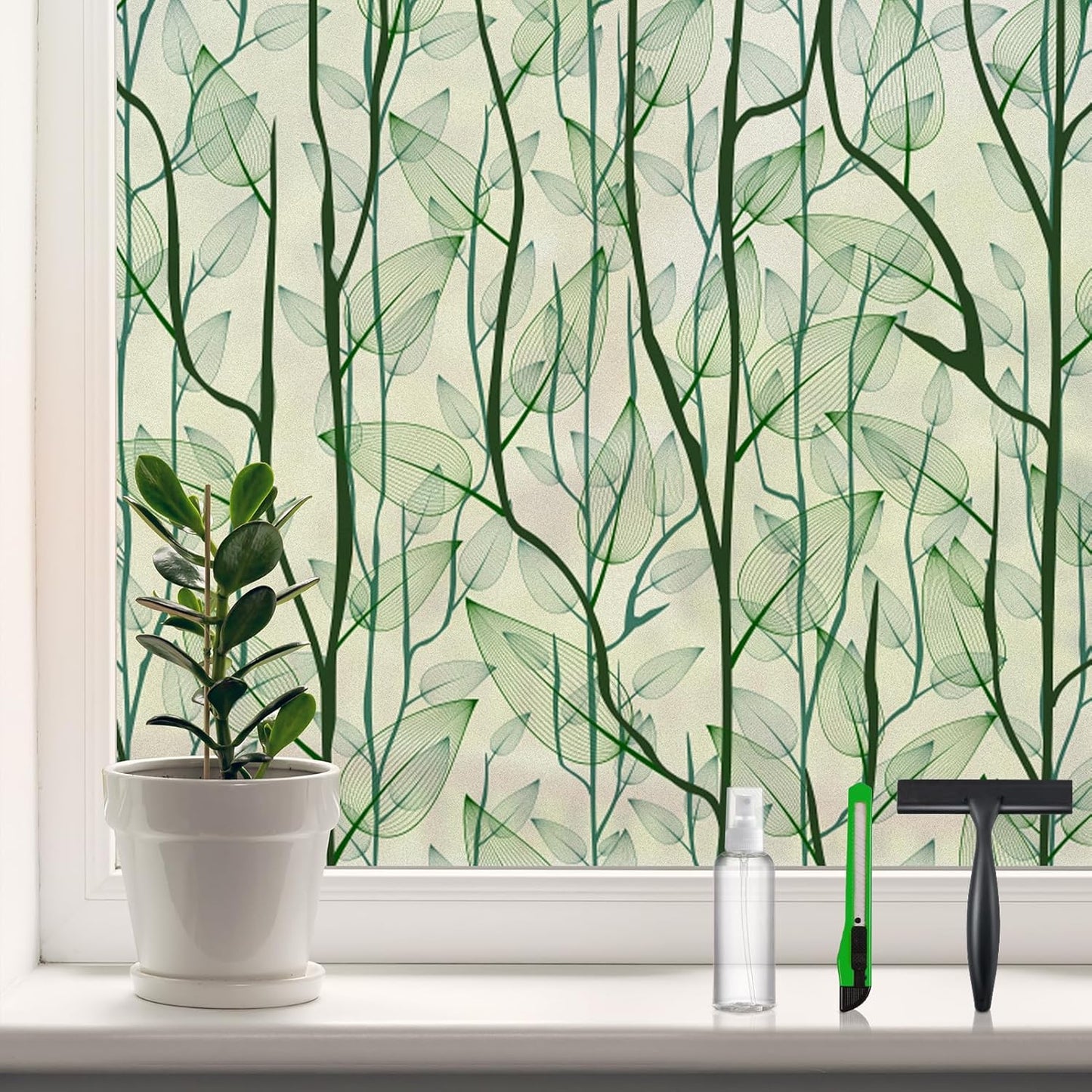 DKTIE Window Film Privacy with Installation Tools, Decorative Stained Glass Window Clings for Home, Static Cling Window Sticker for Front Door, Bathroom, Glass Door (Dark Green, 17.7'' x 78.7'')