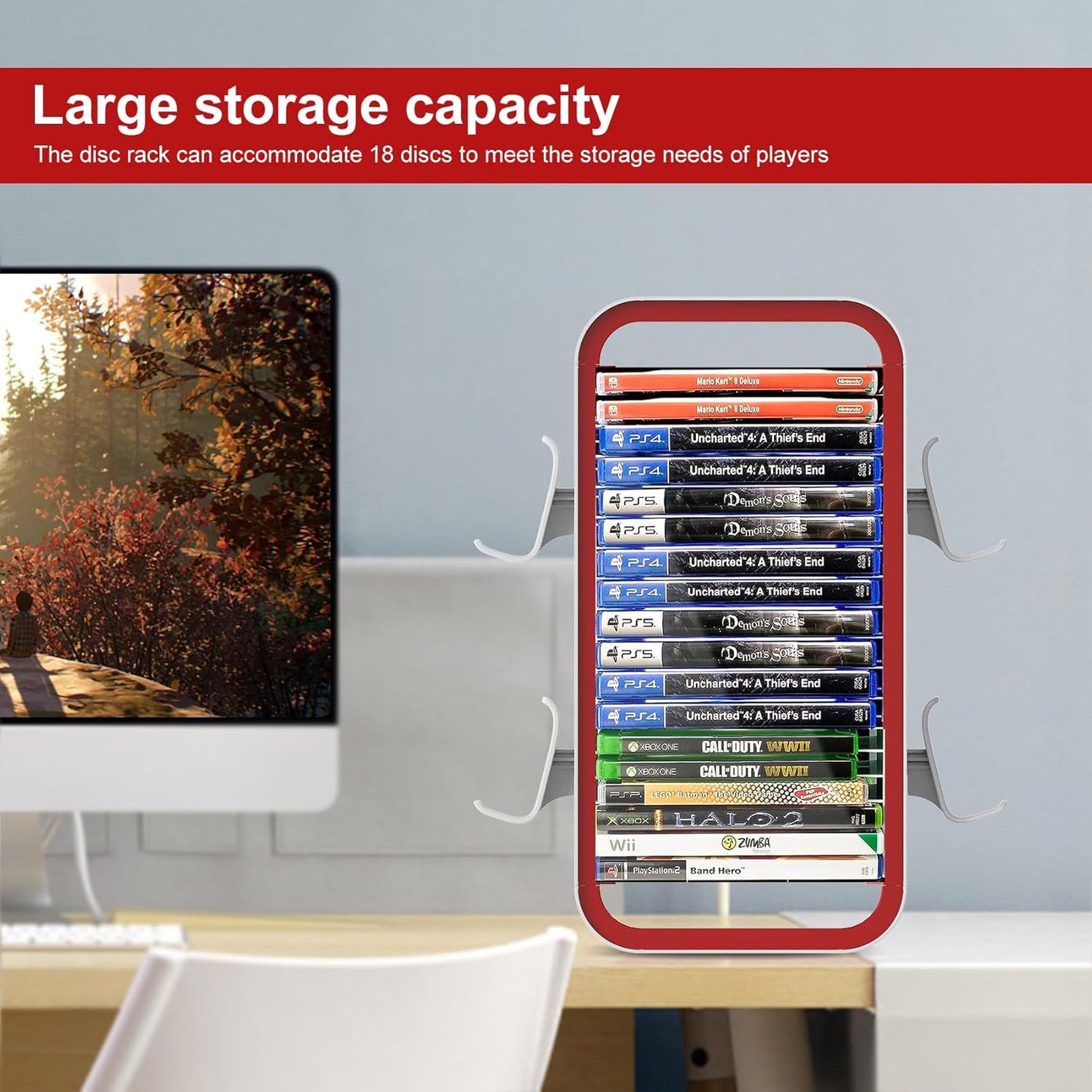 Wigmoa OYO-1 15.8INCH Game Storage Tower - PS5/Xbox Series/Switch Compatible, 18 Disc Organizer with 4 Controller Holder, Red/White