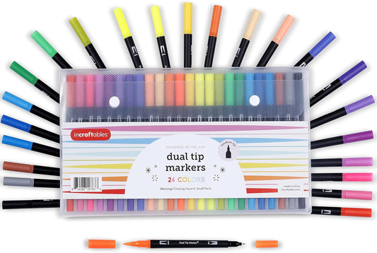 Incraftables Dual Tip Markers (24 Colors) – Adult Coloring, Brush Tip & Fine Tip Markers for Adult Coloring Books, No Bleed Dual Brush for Kids & Adults