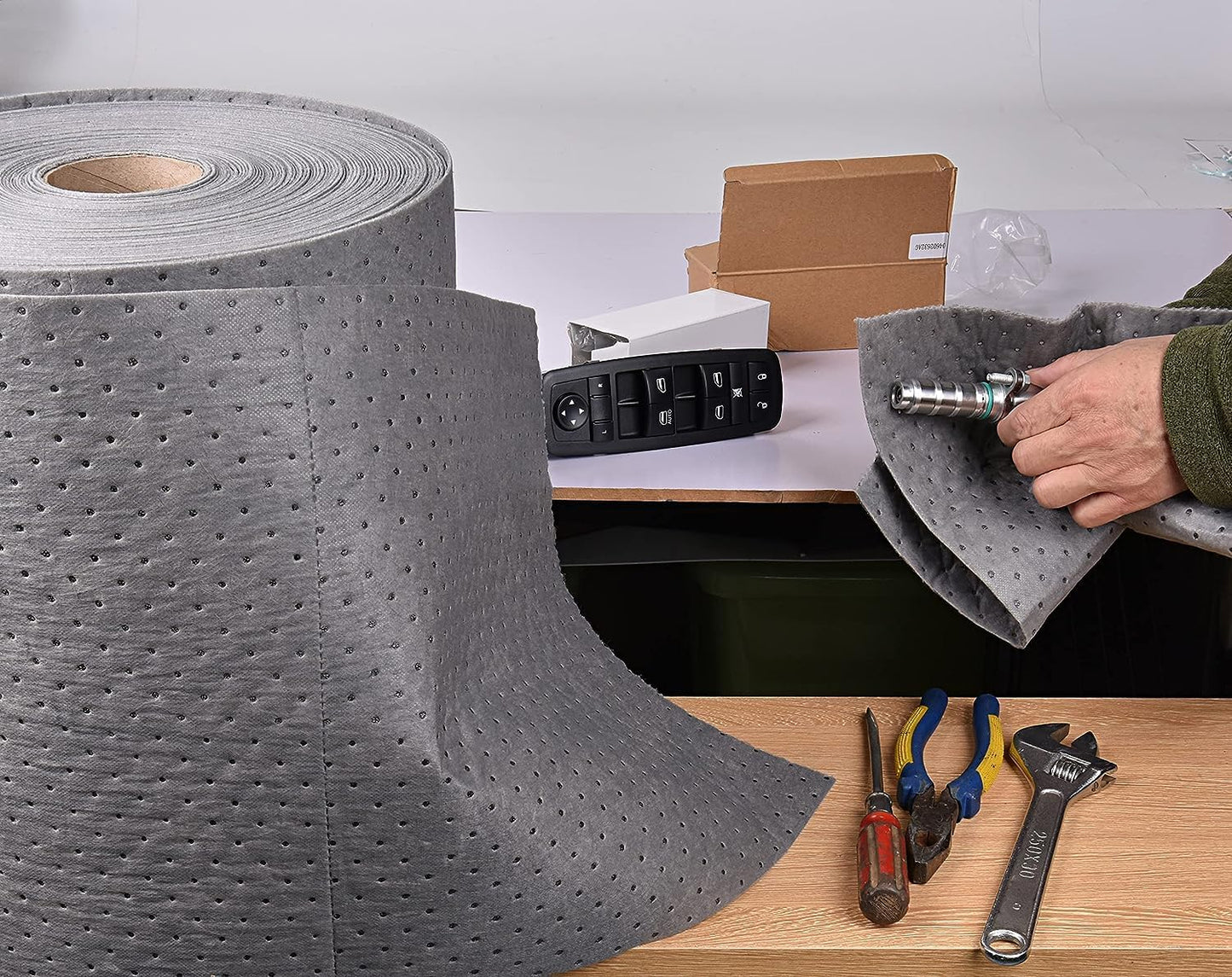 PONO Premium Polypropylene 150' L x 15" W Absorbent Mat Roll Gray Heavy Weight Oil Absorbing Mats Universal Oil for Absorbing Oils, Water, Solvents, Coolants and More