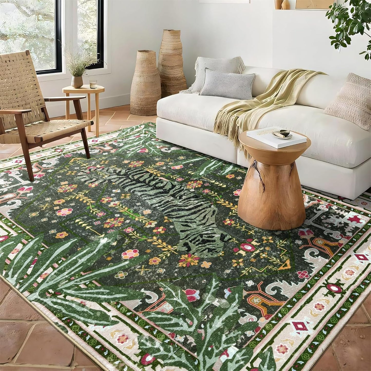 Oriental Tropical Washable Rugs, Greyish Green Boho Vintage Distressed Hippie 4x6 Area Rugs for Living Room Bedroom Kitchen Entryway Dorm, Abstract Botanical Animal Tribal Accent Carpet