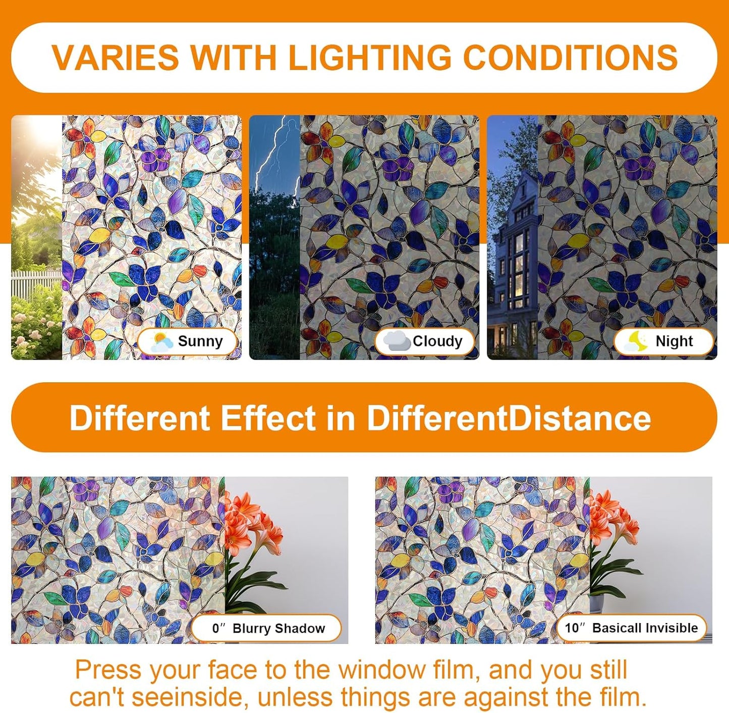Window Privacy Film Stain Glass Window Film Rainbow Window Film Window clings Non-Adhesive Reusable Decorative for Room (Stained Leaf, 35.4 x 78.7 in)