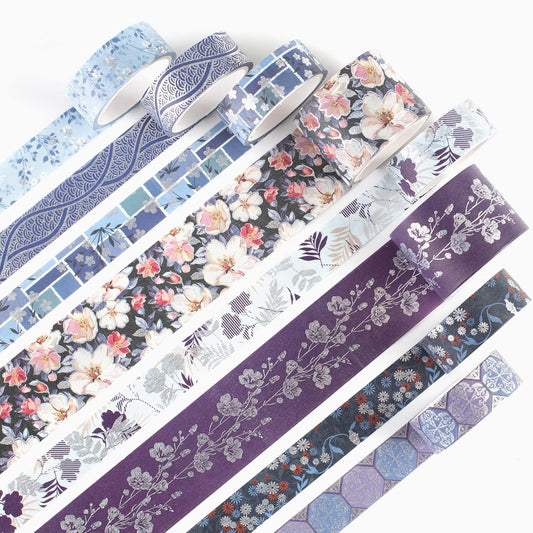 YUBX Elegance Blue Washi Tape Set 8 Rolls Wide Silver Embellishment Decorative Masking Tapes for Arts, DIY Crafts, Journals, Planners, Scrapbook, Wrapping