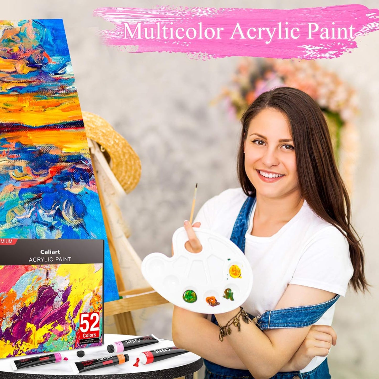 Caliart Acrylic Paint Set with 12 Brushes, 42 Colors (59ml, 2oz) Art Craft Paints Gifts for Adults Artists Beginners Painters, Halloween Pumpkin Canvas Ceramic Rock Painting Kit Art Supplies
