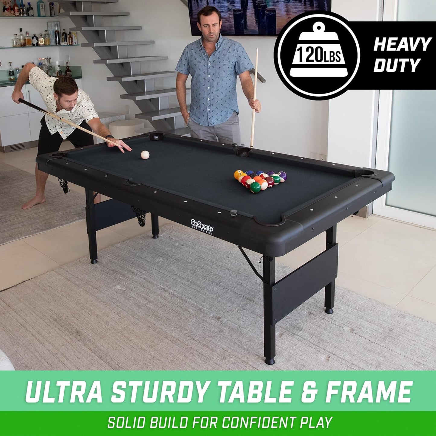 GoSports 6, 7, or 8 ft Billiards Tables - No Assembly, Choose Your Color - Portable Pool Table Includes Full Set of Balls, 2 Cue Sticks, Chalk and Felt Brush