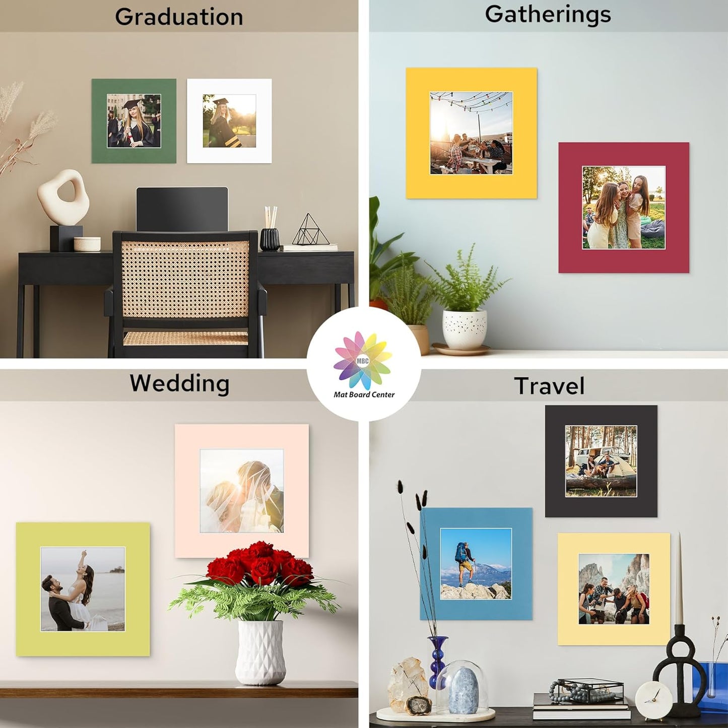 Mat Board Center, 12X12 Mix Color Mats for 8X8 Pictures - Acid Free, 4-Ply Thickness, White Core, Bevel Cut - for Artworks, Photos, Framing - Pack of 12