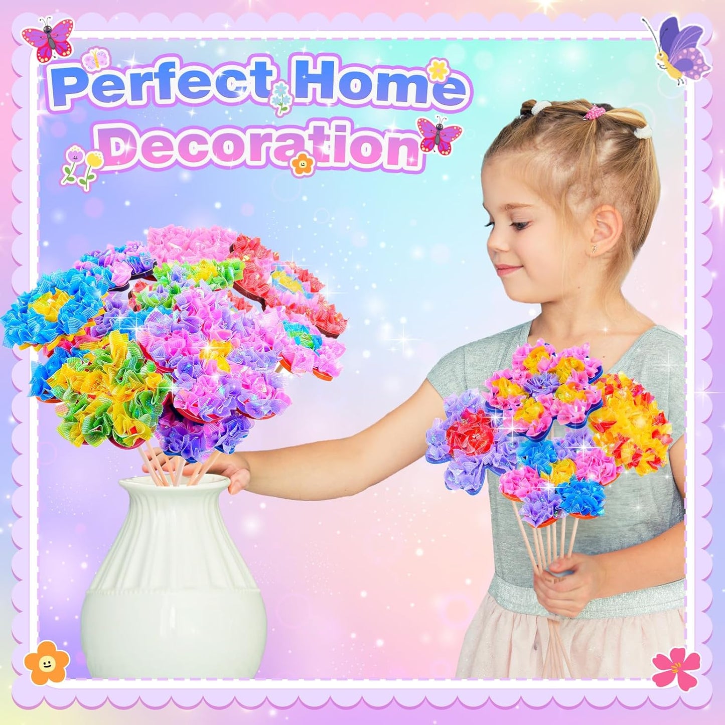 Arts and Crafts for Girls Ages 4-12, Poke Art Flower Bouquet with 8 Flowers & 2 Butterflies DIY Creative Activity Mess-Free Fun for Kid Party Favors Birthday Christmas Gifts for 4-12 Year Old Girls
