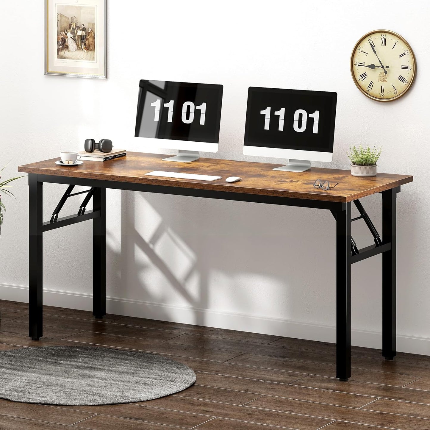 Need Folding Desk, 54 inch Large Computer Desk for Home Office, No Install Needed Study Student Writing Table Desk Workstation, Rustic Brown