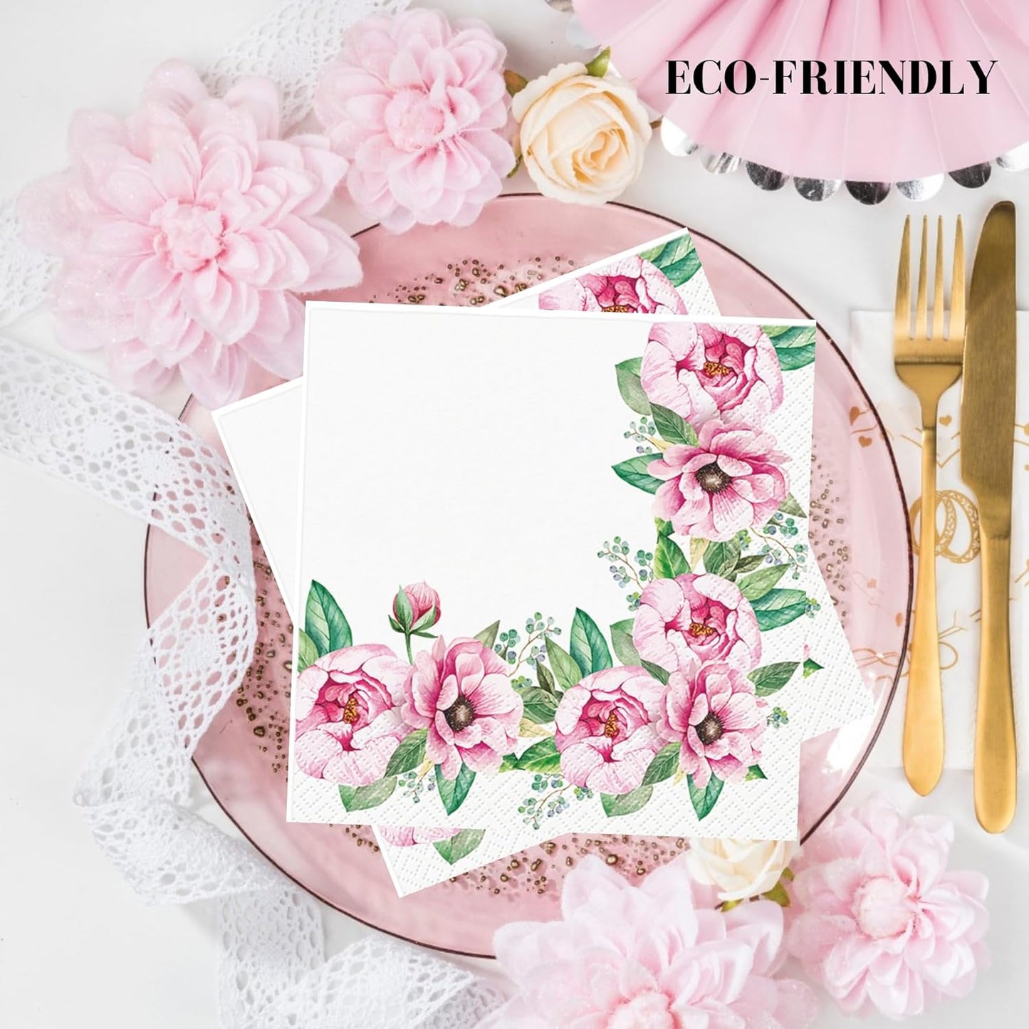 20-ct 13x13 Flowers Paper Luncheon Decoupage Napkins, 3-Ply Servilletas Printed Pink Roses Cocktail Napkin for Art, Dinner and Party, Disposable Napkins Decor