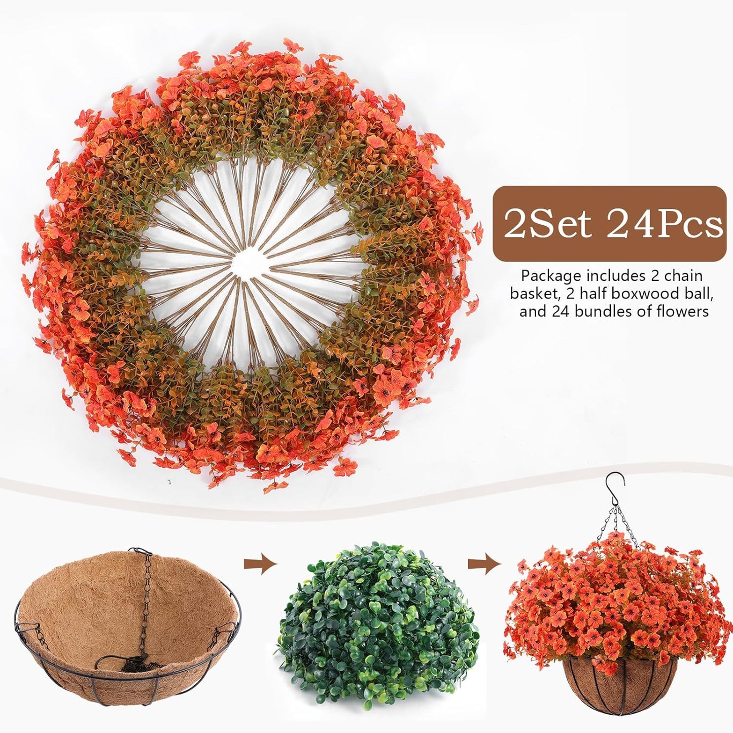 Hananona 24 Pcs Artficial Outdoor Flowers with Hanging Baskets, Orange Fall mums 2 Pack Hanging Planter with Outdoor Fall Flowers for Autumn Porch Garden and Home Patio Yard Decor (2, Orange)