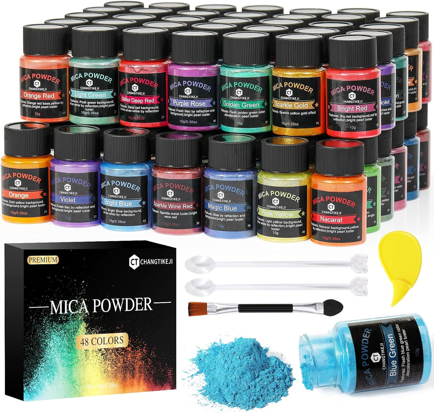 CHANGTIKEJI Mica Powder，48 Colors - 10g/Bottle of Natural Pigment Powder for Epoxy Resin，Soap Making，Candle Making,Lip Gloss,Car Freshies,Dye,Nail Polish,Bath Bombs