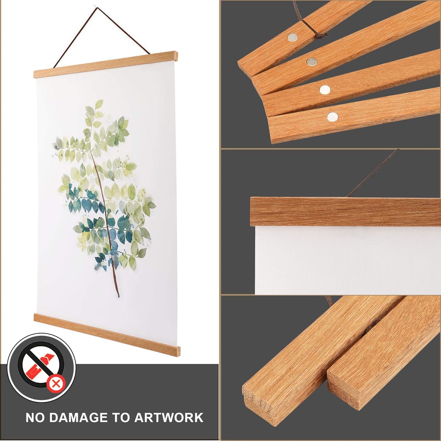 WITCOLOR Magnetic Poster Hanger Frame, 24x36 24x30 24x16 24x18 Light Wood Wooden Magnet Canvas Artwork Print Dowel Poster Hangers Frames Hanging Kit (Teak Wood, 24")