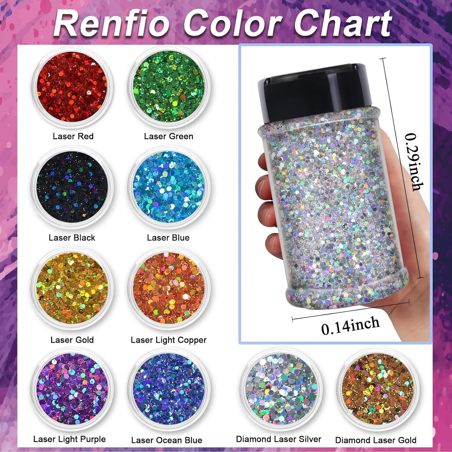Renfio Holographic Glitter, 2.11oz/60g Mix Ultra Fine Glitter for Crafts Resin Glitters PET Flakes for Nail Art Tumblers Slime - Diamond Laser Gold