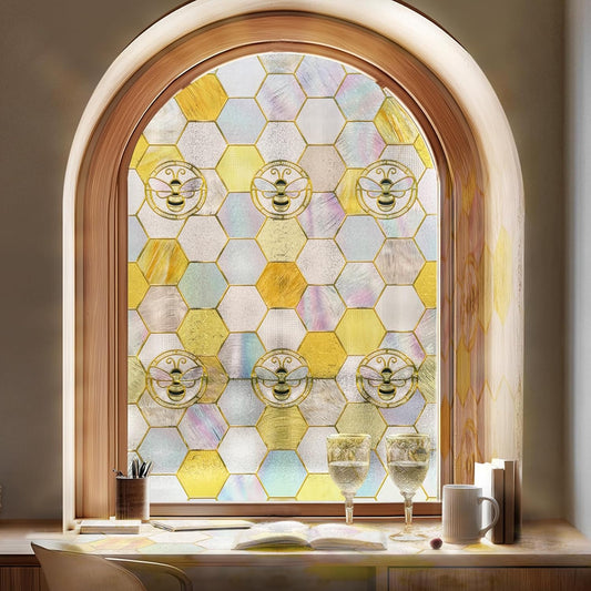 3D Stained Glass Window Privacy Film, Heat Control UV Blocking Static Cling Decorative Window Film for Bathroom,Front Door,Home Non Adhesive,35.4 x 78.7 inches Honey