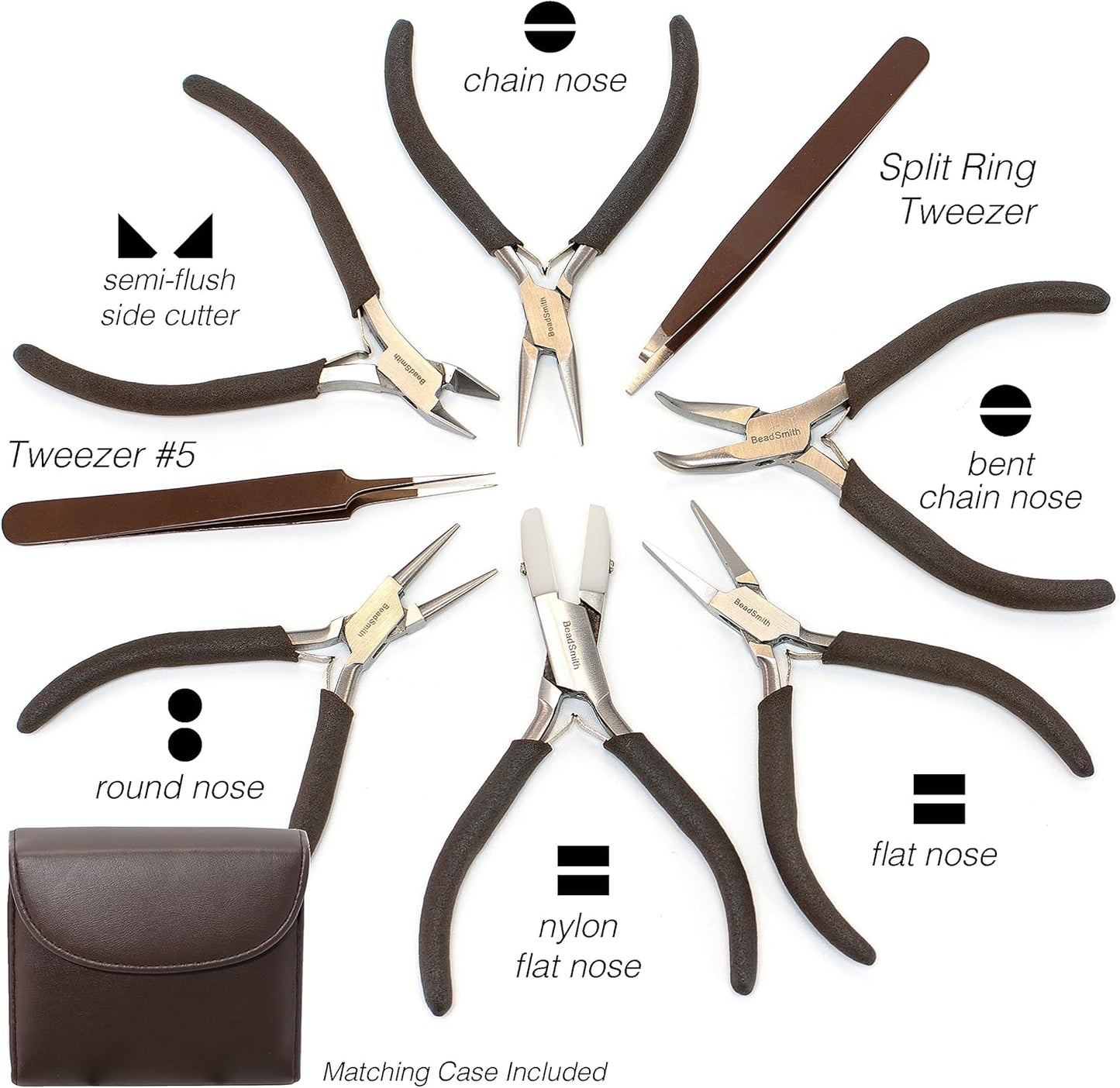 The Beadsmith Fashion Color Pliers – Set of 8 Slimline Color-Coordinated Tools – Matching Clutch in Chocolate – Jewelry Making Supply Kit to Create Necklaces, Bracelets, Earrings & More