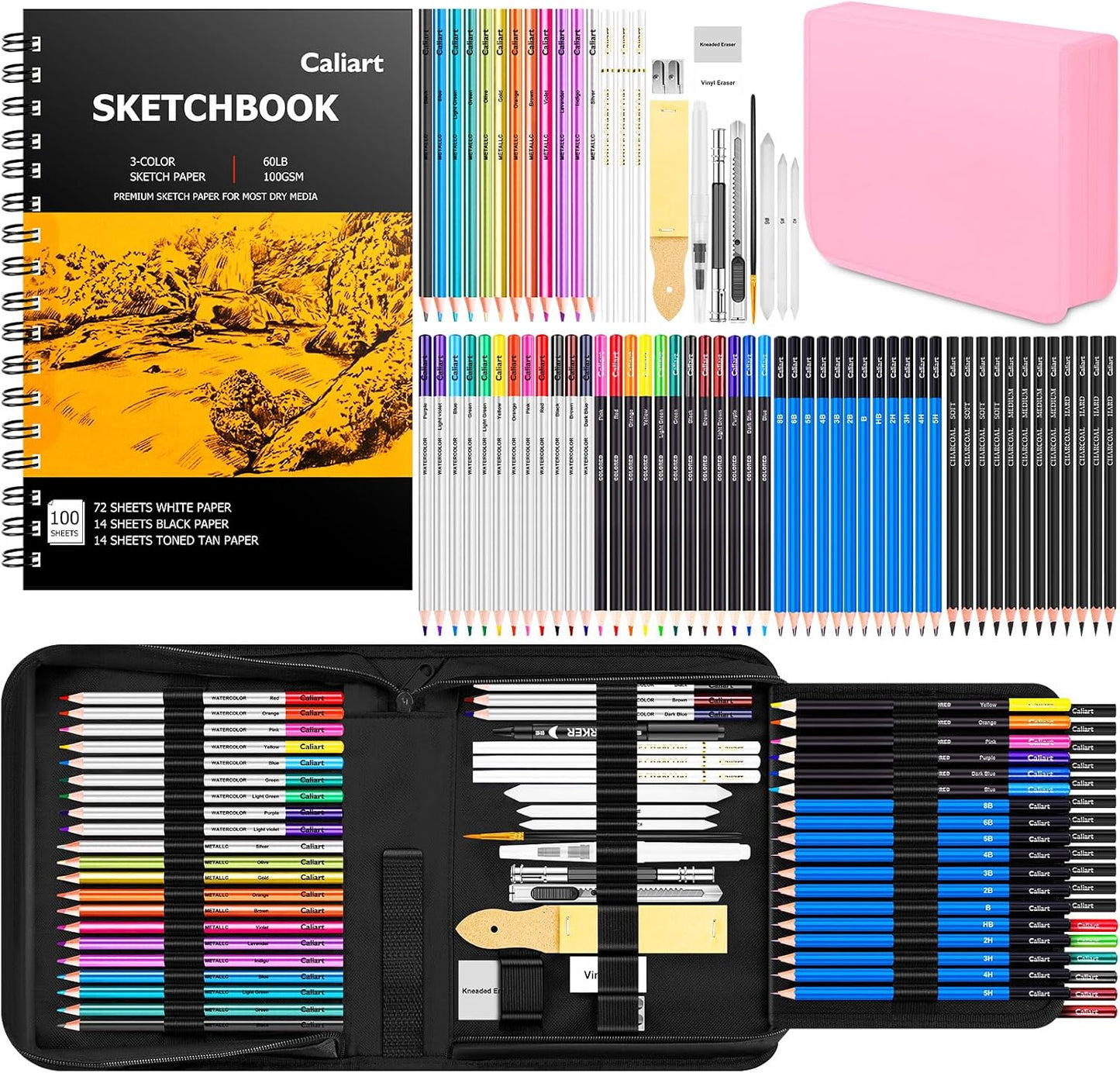 Caliart 176PCS Art Supplies Sketching Kit with 100 Sheets 3-Color Sketch Book, Graphite Colored Charcoal Watercolor & Metallic Pencils, Drawing Supplies Christmas Gifts for Artists Adults Beginners