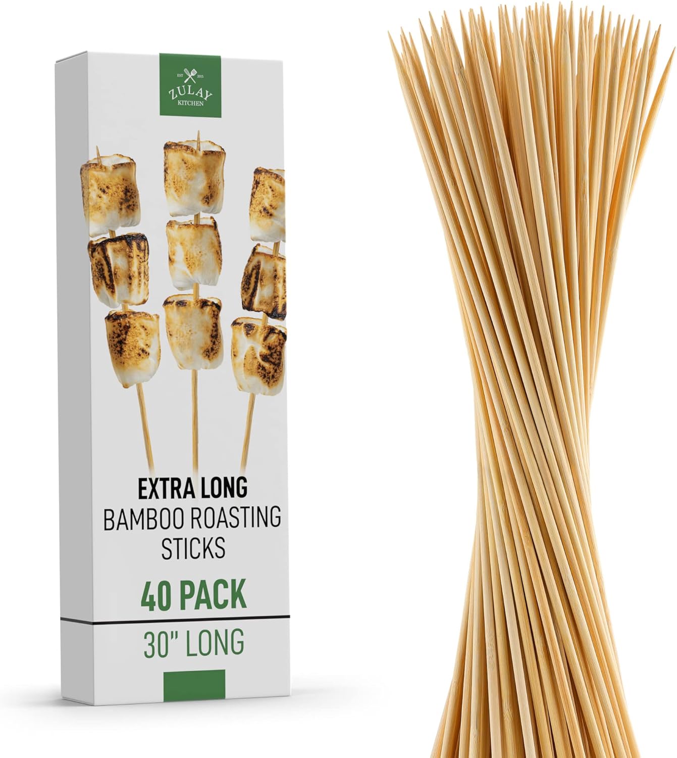 Zulay Kitchen Authentic Bamboo Marshmallow Smores Sticks - 40 Extra Long 30" Roasting Skewers - 5mm Heavy-Duty Bamboo - Ideal for Grilling & Camping