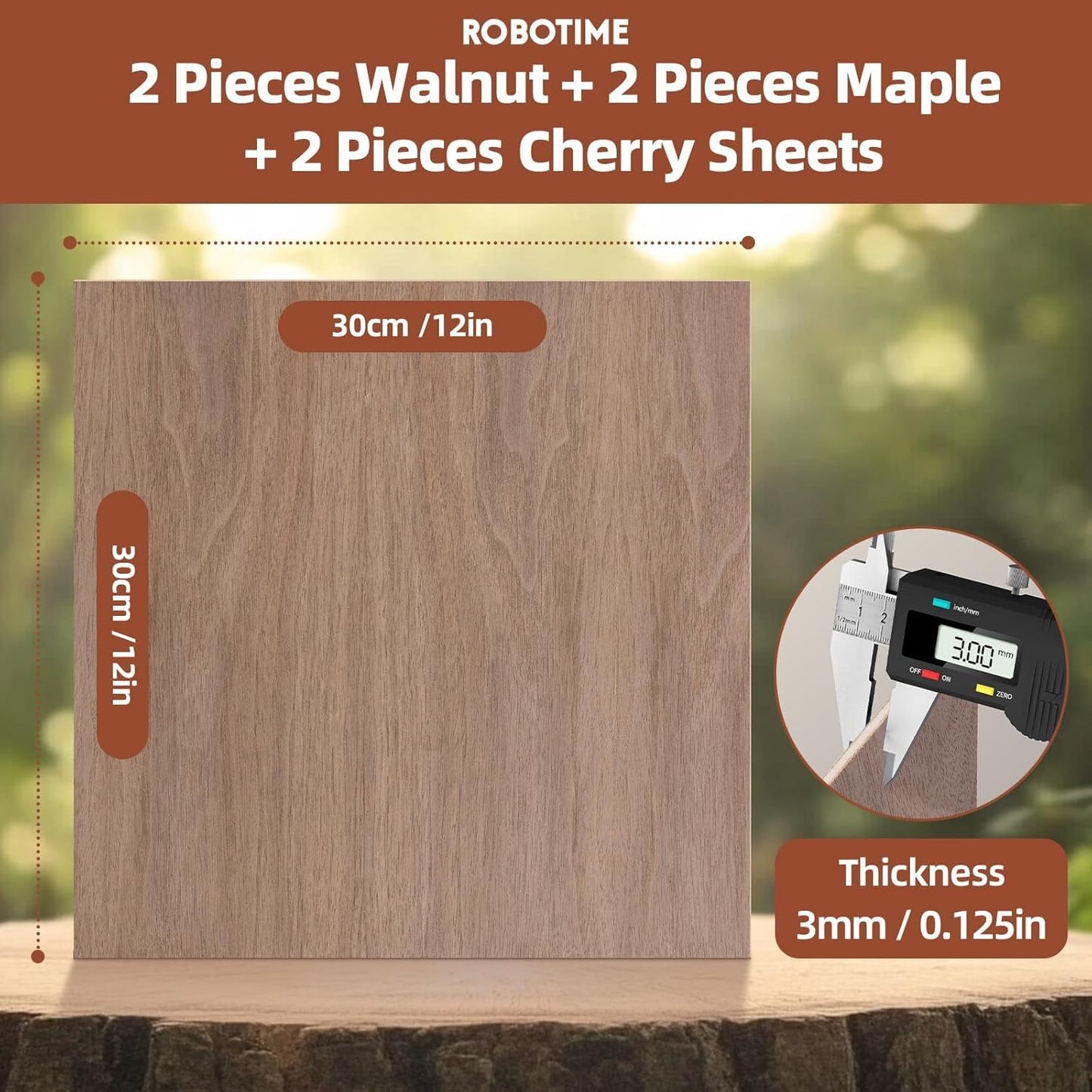 ROBOTIME 6-Pack Laser Wood Sheets 1/8" - 12 x 12 x 1/8 Inch - Cheery2Pcs &Walnut2Pcs &Maple2Pcs - 3mm Plywood for Laser Cutting, Laser Engraving Blanks