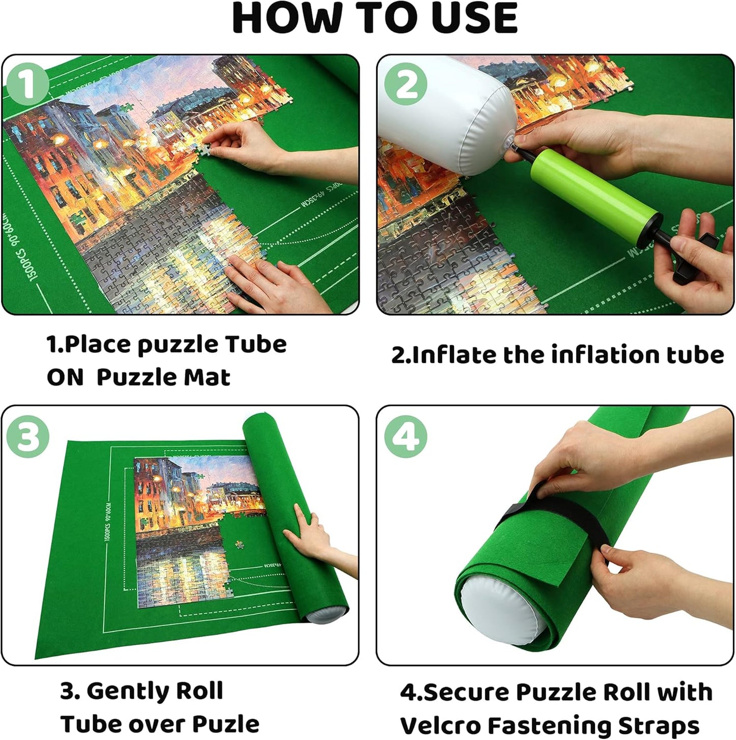 Portable Puzzle Mat Roll Up - with 9 Glue Sheets, Sorting Trays, Hand Pump, Inflatable Tube, and Storage Bag - Perfect for Kids and Adults (Green, 1500pcs)