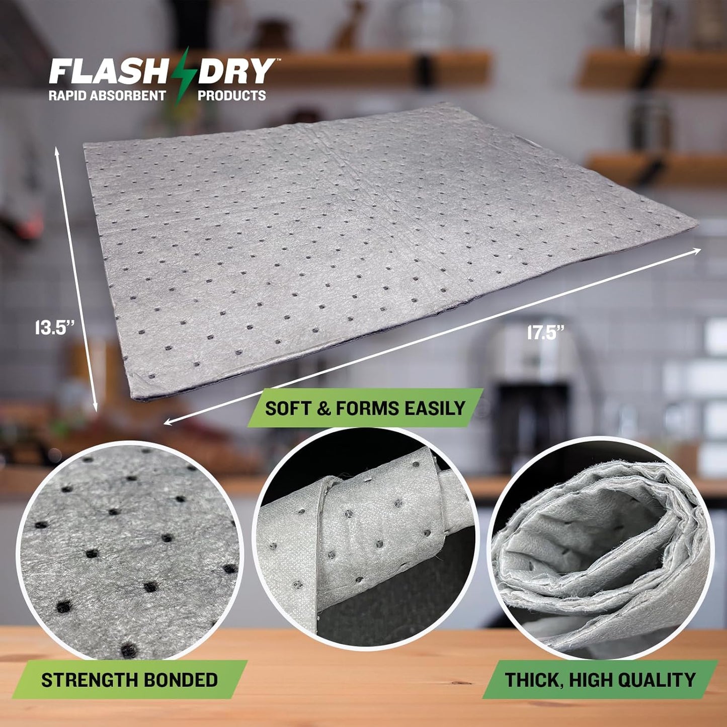 FlashDry - Universal Spill Absorbent Pads | 17.5” x 13.5” x 2mm Oil and All Purpose Premium Liquid Pads - 200 Pads in Total
