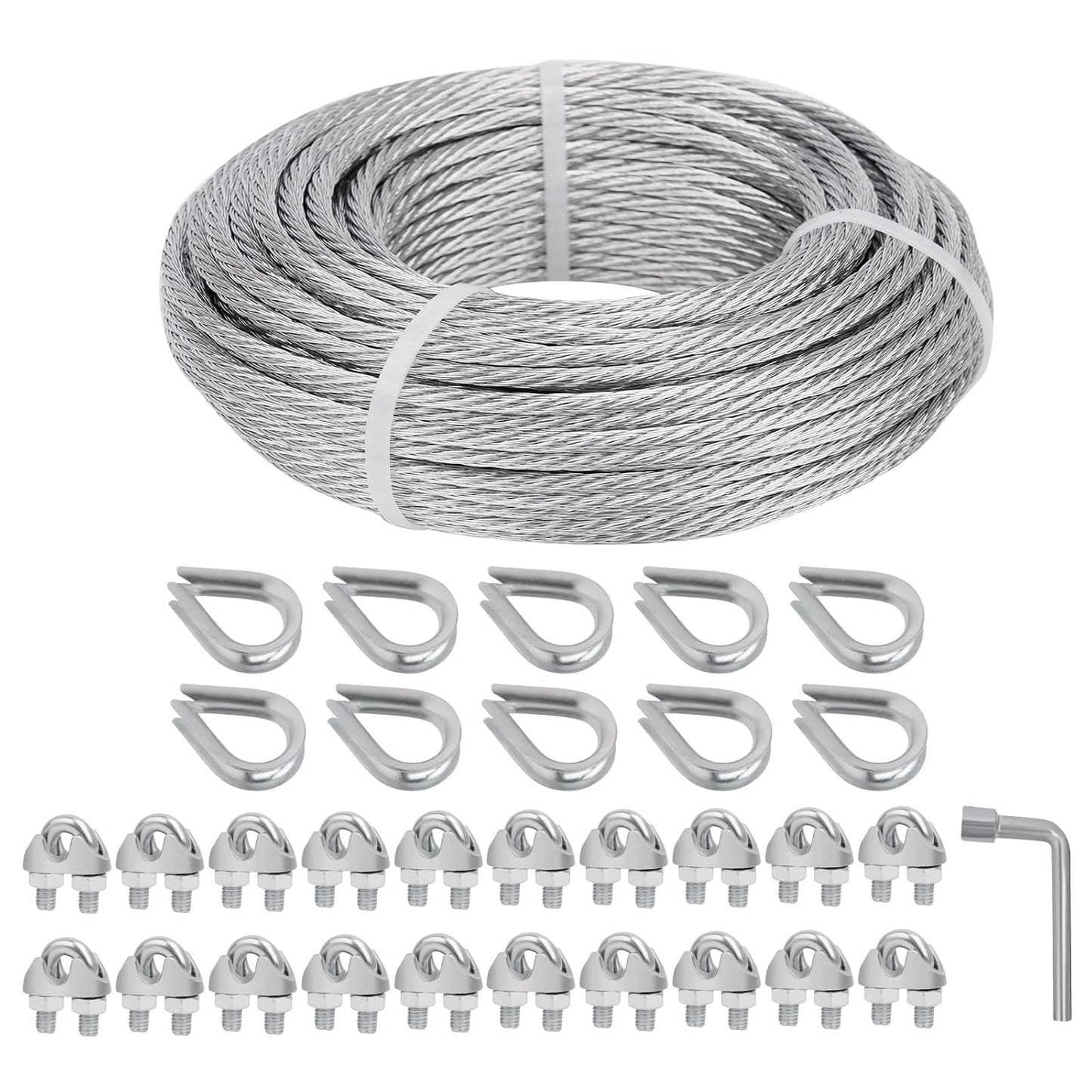 3/16 Galvanized Wire Rope, 100ft Galvanized Steel Cable 3/16 Inch, 7X7 Strands Core Aircraft Cable with 3/16 Rope Clamps, Thimbles, for Anchored Shed, Clothesline, Lights Hanging, Yard Zipline