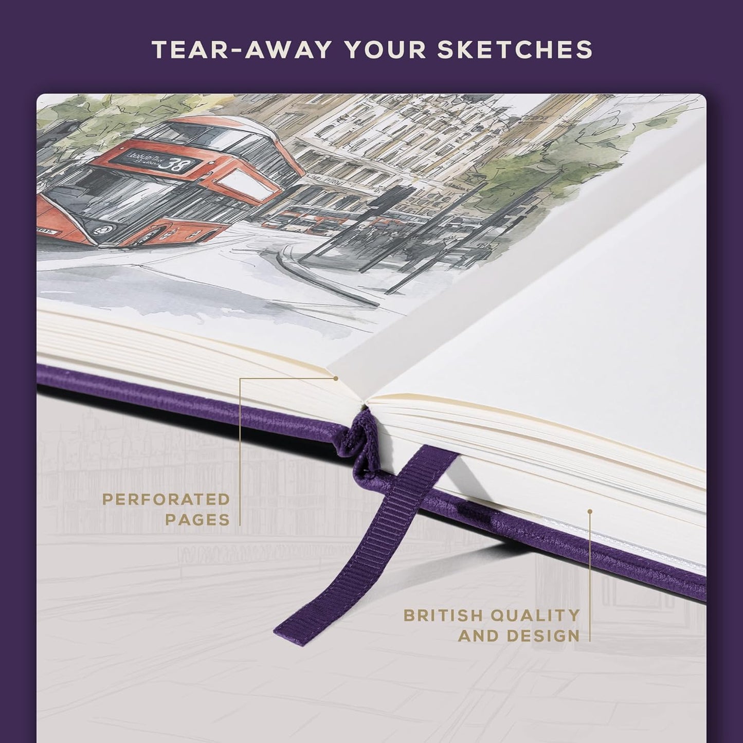 Beechmore Books A3 Sketchbook – 11.7x16.5 Premium Vegan Leather Bound Extra Large Sketch Book Hardcover, 160gsm 160 Perforated Ivory Pages, Blank Sketch Pad, Gift Boxed, Back Pocket, Ribbon Bookmark