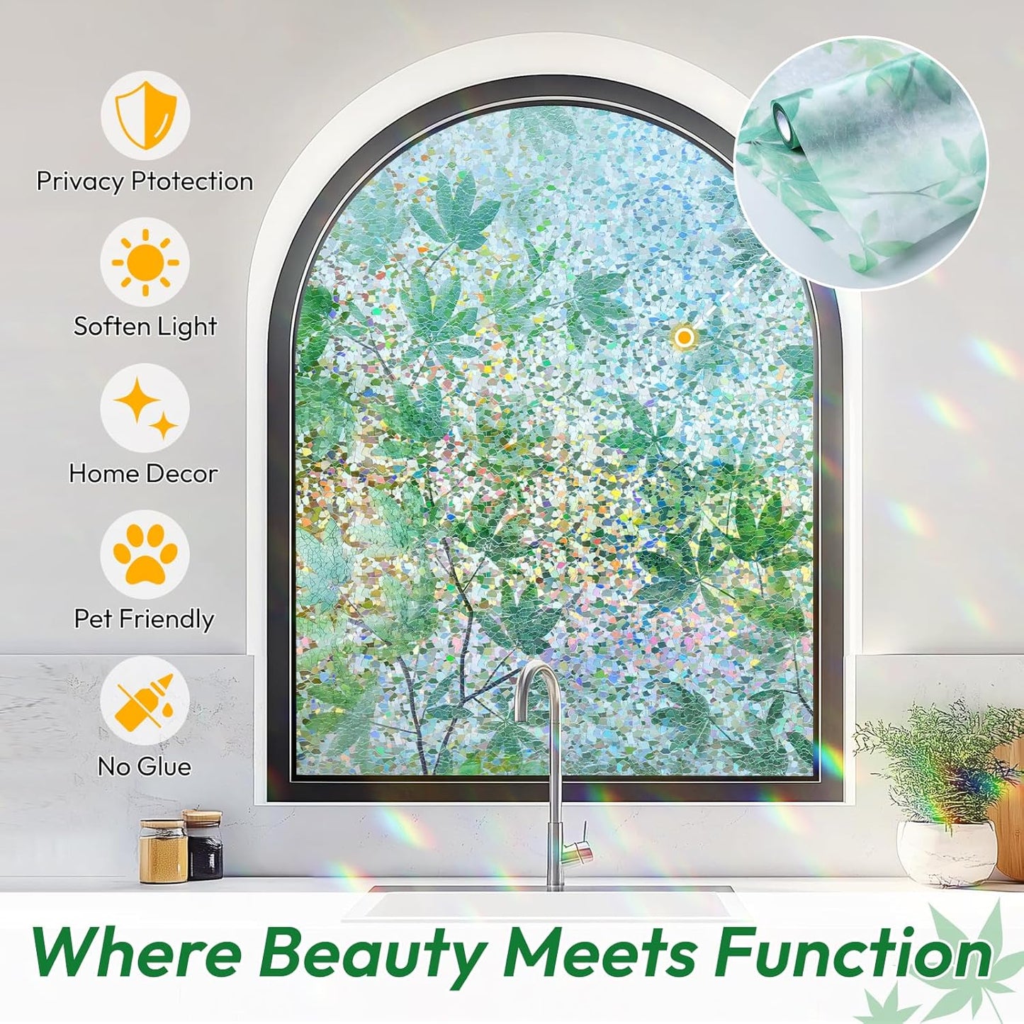 rabbitgoo Rainbow Window Privacy Film Decorative Stained Glass Diamond Pattern Window Sticker with Iridescent Tint Non-Adhesive Static Cling for Home Office Bathroom, Green Leaf 35.4 x 78.7 inch