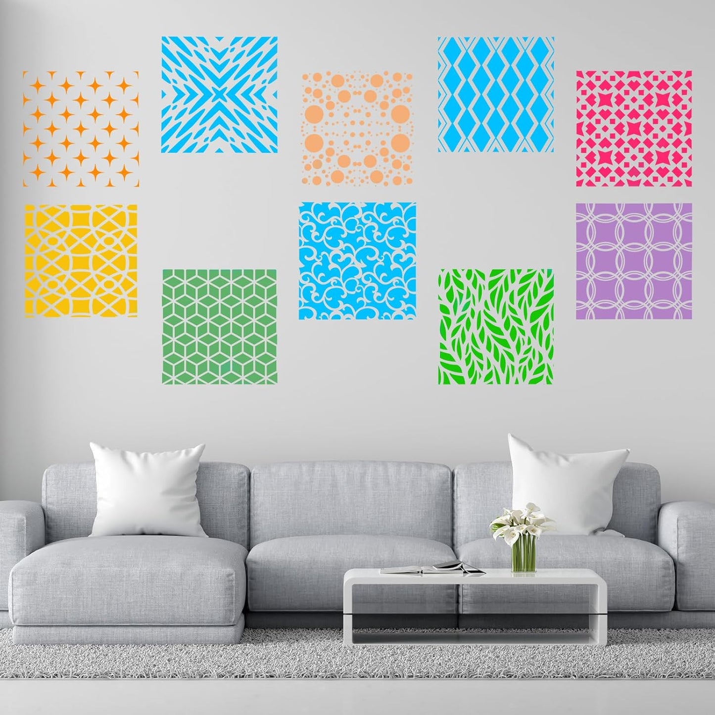WSICSE 24Pcs Stencils for Painting, Reusable Geometric Painting Stencils Abstract Layering Stencil for Painting on Wood Canvas Furniture Floor Decor DIY Supplies, white