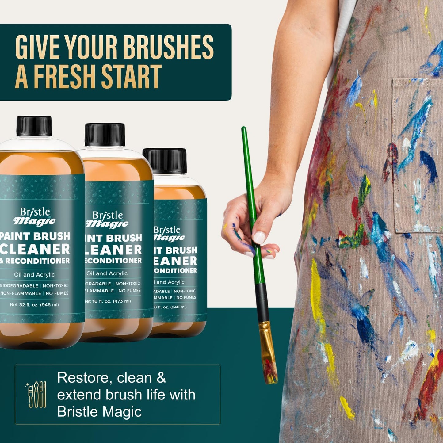 Oil Paint Brush Cleaner and Restorer - Paintbrush Cleaner for Acrylic, Oil, and Glass Paints-Biodegradable, Non-Toxic, Odorless, Eco-Friendly, Quick-Clean Formula Paint Remover (8 Fl Oz)