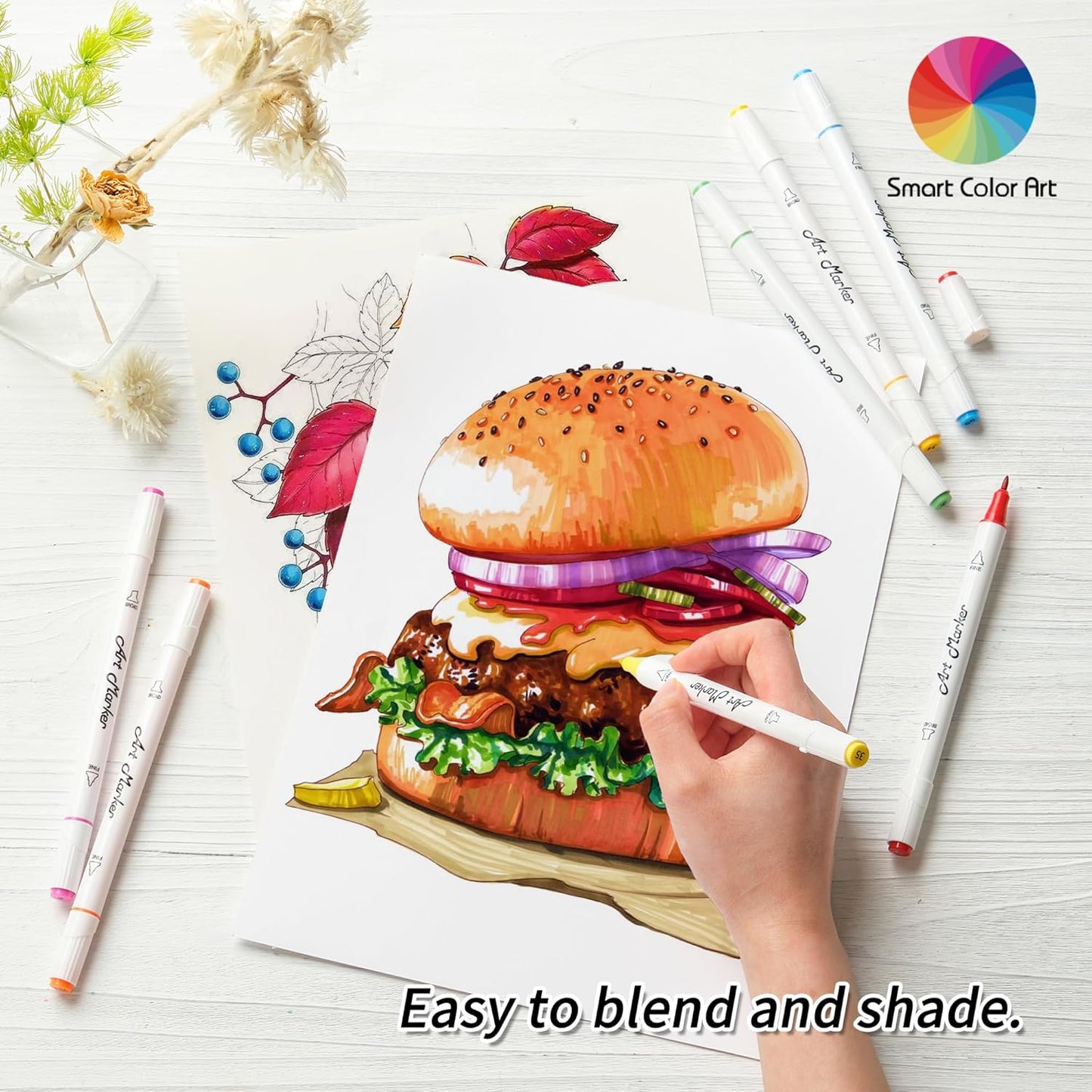 Smart Color Art Art Markers, 44 Coloring Markers and 1 Blender, 45 Pack Alcohol Based Dual Tip Permanent Highlighters with Case, Excellent for Adults Kids Marking Drawing Sketching