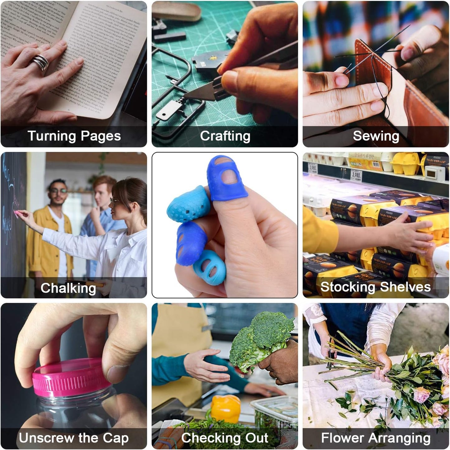 Wisdompro 16 Pcs Finger Tips, 4 Sizes Silicone Thimble Fingertip Grips Thumb Protectors Pads Cover for Hand Sewing, Paper Sorting, Page Turning, Money Counting, Guitar Playing - Blue, Aqua