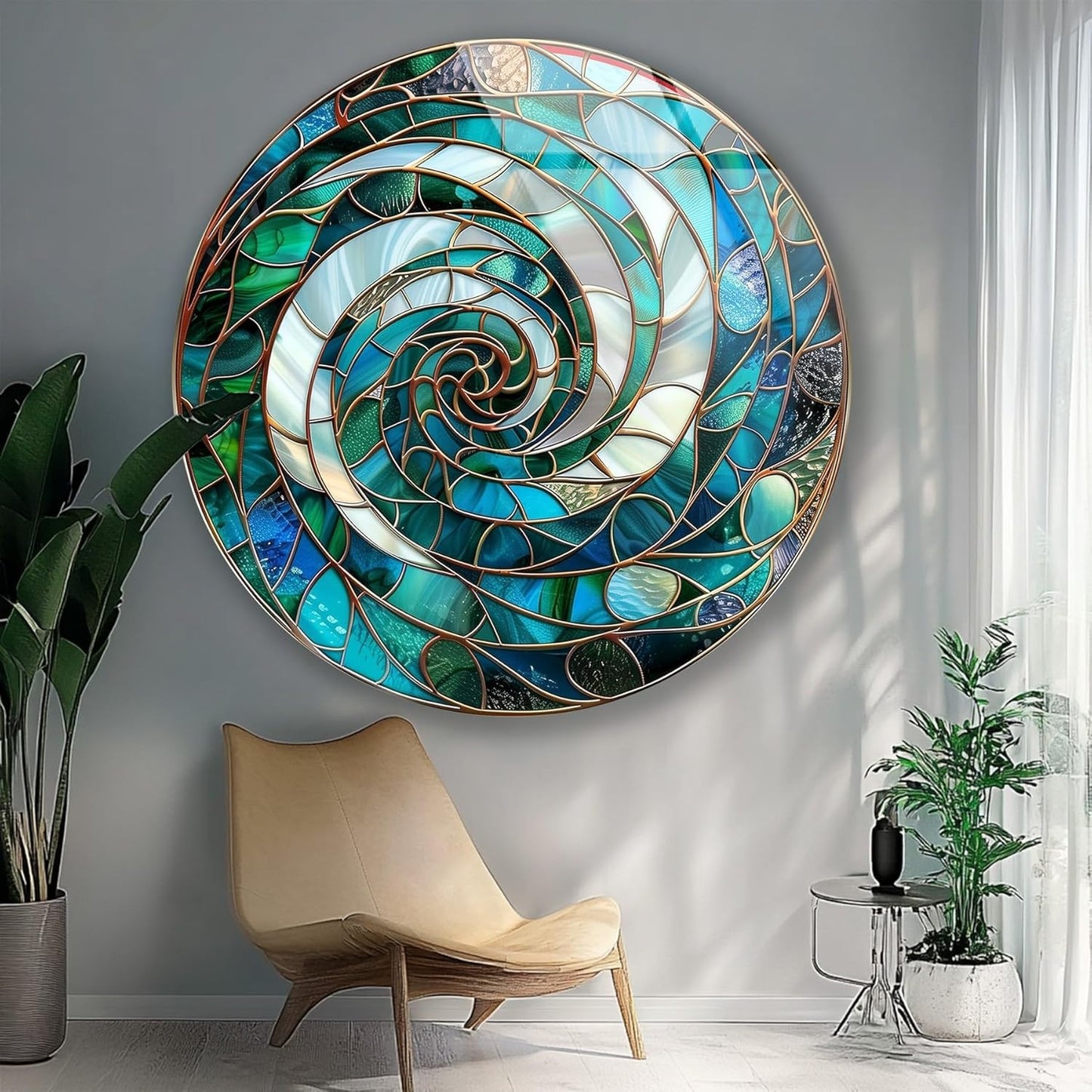 My Photostation.com 31.5''(80cm) Diameter Aqua Spiral Harmony Round Glass Wall Art Tempered Glass Printing Wall Decor Large Wall Art Wall Hangings