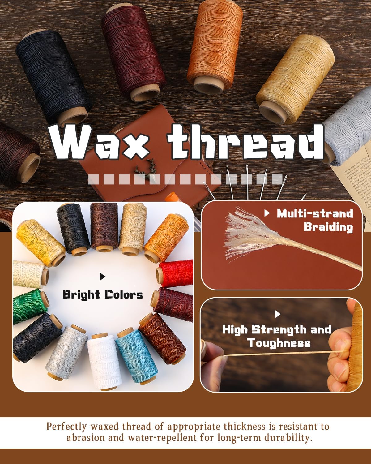 DIUDUS 218 Yards Waxed Thread, Upholstery Thread Heavy Duty for Hand Sewing with Heavy Duty Sewing Needles, Leather Repair kit for Furniture Shoes Bags Sofa (Light Gray)