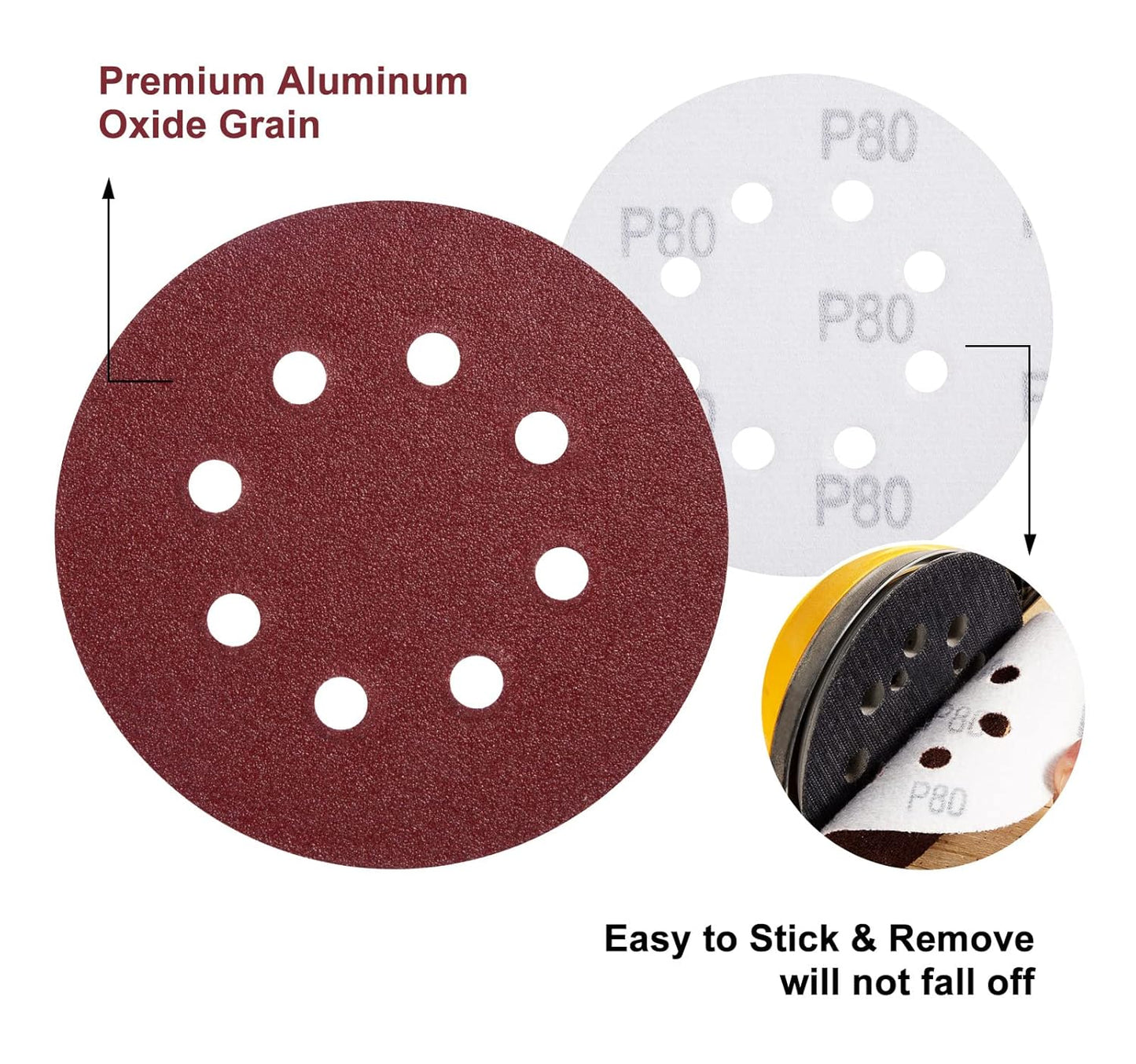 S SATC 150 PCS Sanding Discs 80 Grit Hook and Loop 5 Inch 8 Hole Adhesive Sandpaper for Woodworking and Automotive