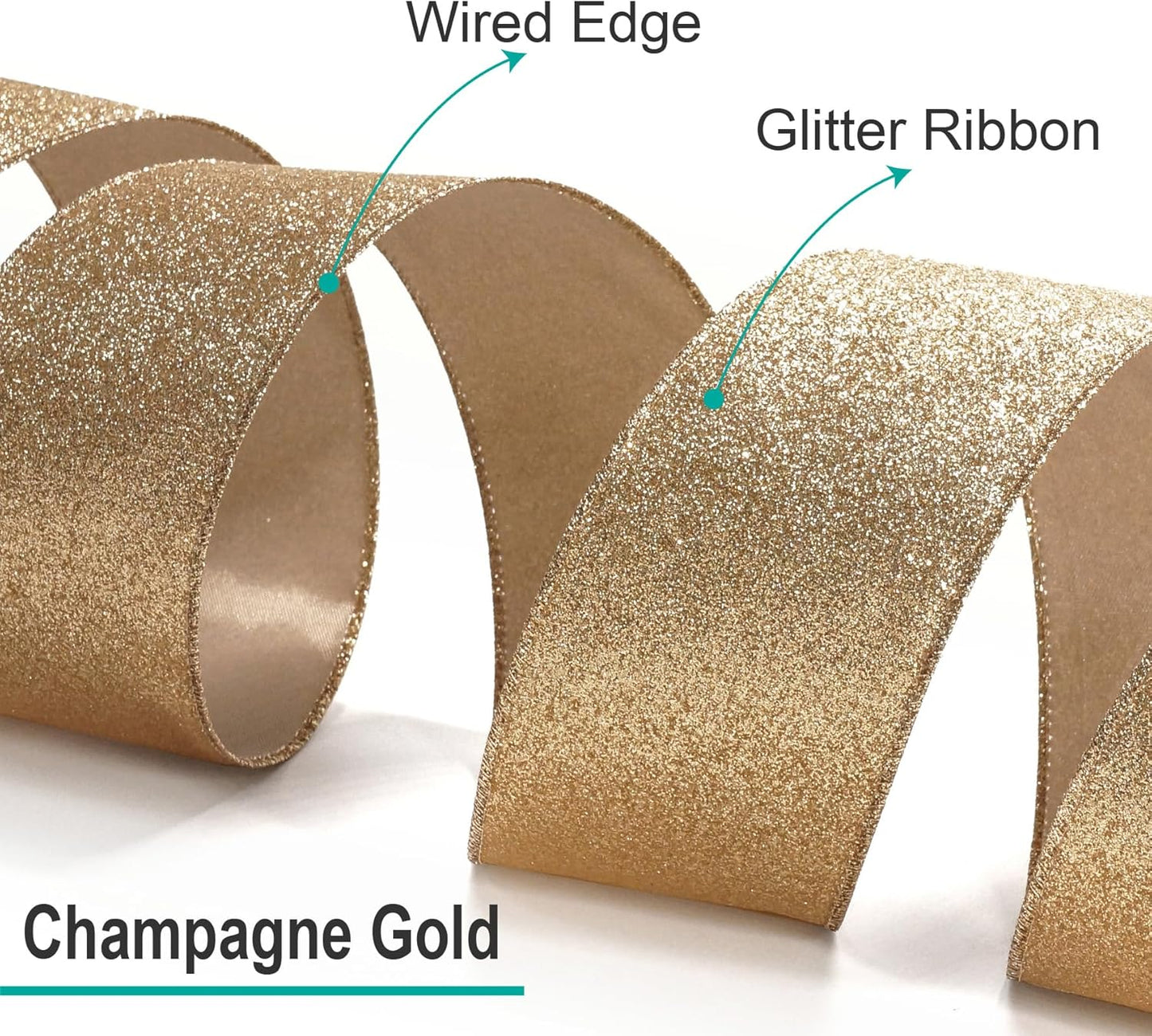 CT CRAFT LLC Glitter Wired Ribbon 2.5" x 20 Yards Gold (Champagne Gold) for Christmas Home Decor Bow Gift Wrapping DIY Crafts Wreath
