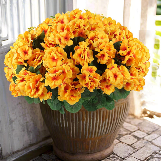 Hananona Artificial Geranium Flowers for Outdoors Geranium Silk Flowers Outdoor UV Resistant Garden Plants Faux Flowers for Home Kitchen Table Centerpieces Decor (12, Yellow)
