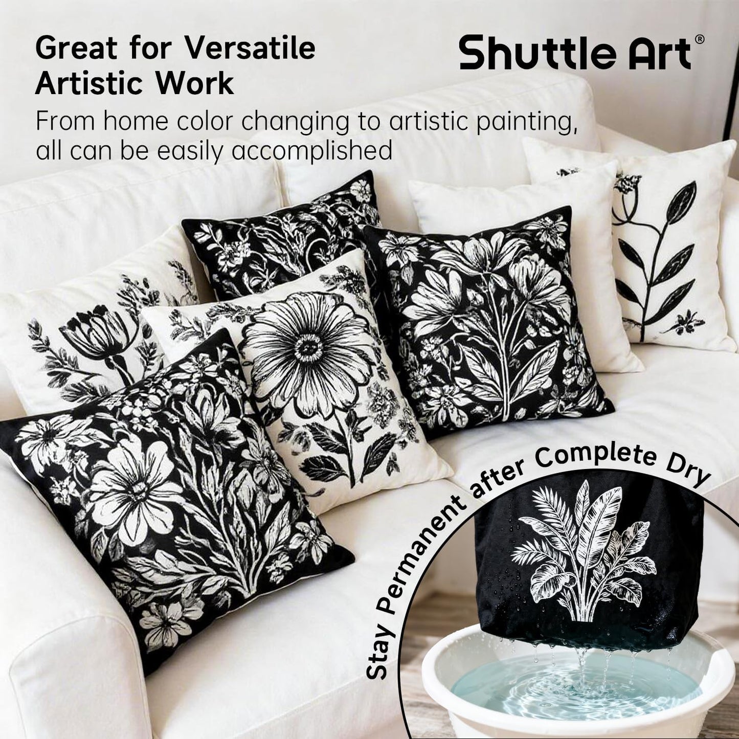 Shuttle Art White Fabric Paint, 33.8 oz(1000 ml) Large Bottle with Pump, Permanent Fabric Paint for Furniture, Sofa, Cushions, Clothes, Soft Non-Toxic Textile Paint for Color Changing, Renewal & Art Creations