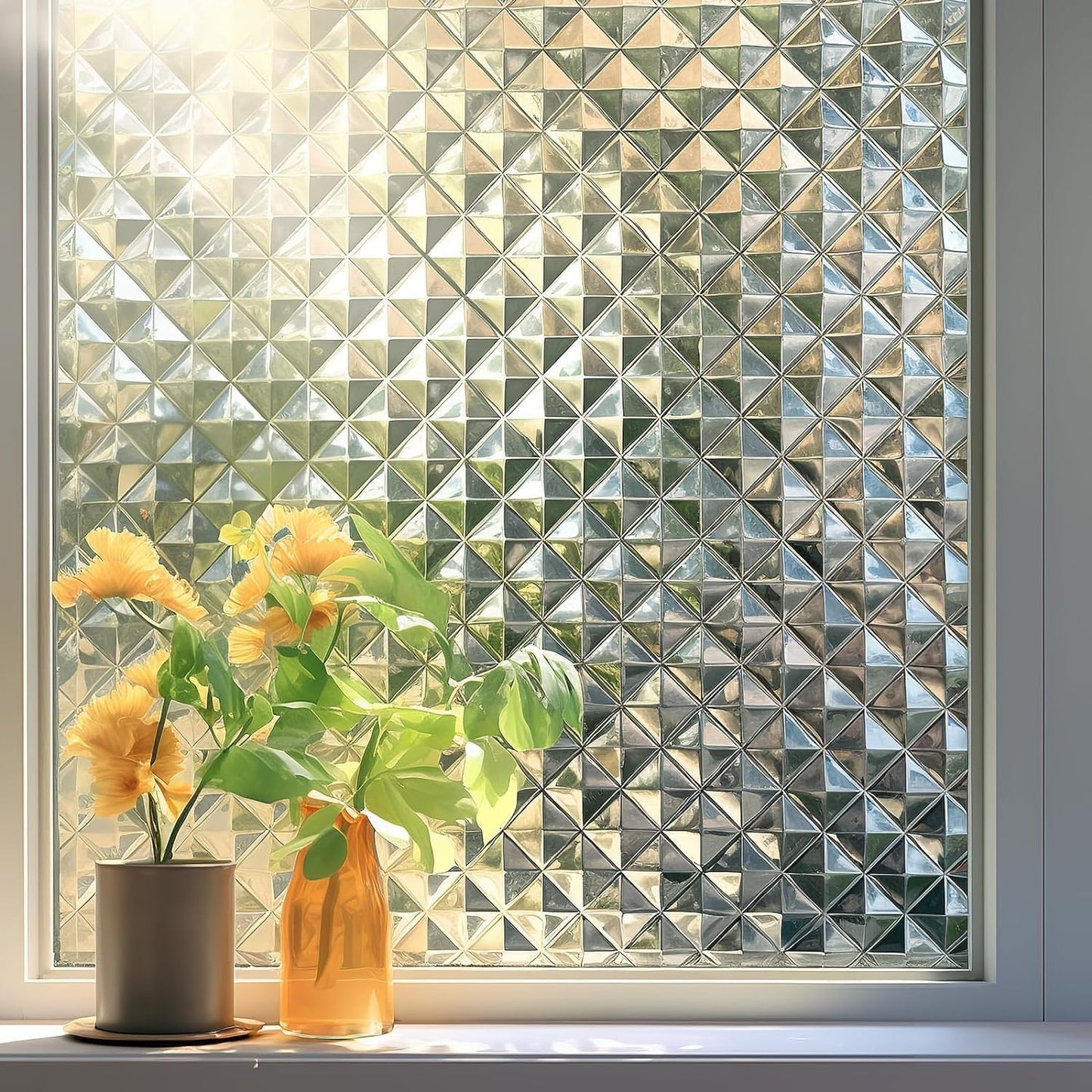 Qualsen Window Privacy Film, Stained Glass Window Film Heat Control UV, Frosted Rainbow Bathroom Decorative Film 3D Static Clings, Peel and Stick Window Tint for Home,11.8x78.7inch
