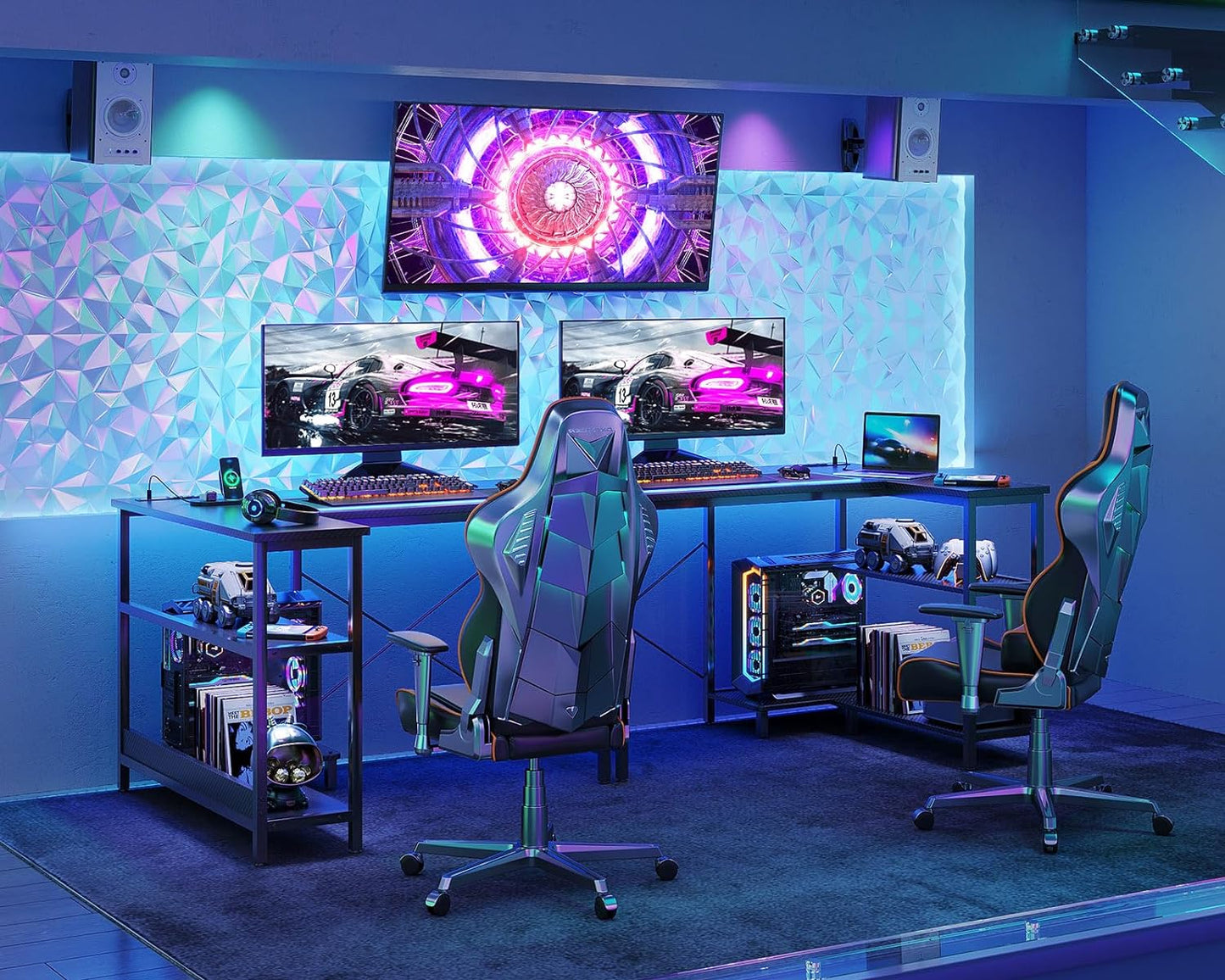ODK 40 Inch Small L Shaped Gaming Computer Desk with Power Outlets, Corner Desk with Reversible Storage Shelves & PC Stand for Small Space, Modern Simple Home Office Table, Carbon Fiber Surface, Black