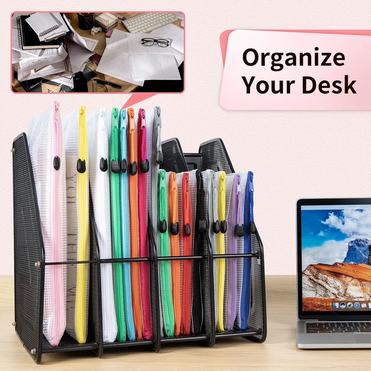 Umriox Small Zipper Pouch, 9.5x7.1 in (12 Colors, 12 Packs), Mesh Bags with Zipper for Office Supplies Travel Accessories