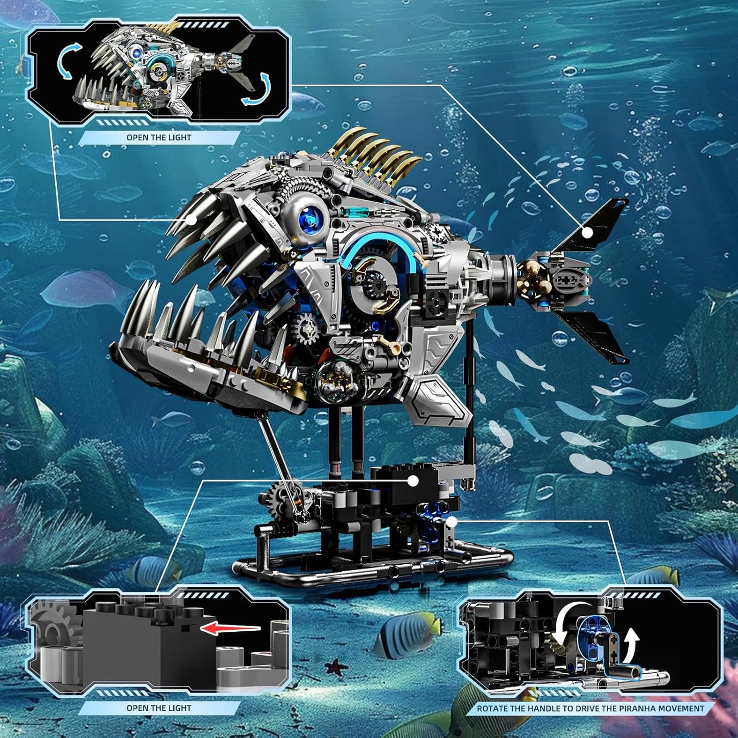 Mechanical Piranha Building Sets, Ocean Animal Collection Toy, Multi-Jointed Movement with Ice Blue Accents, Adults Home or Office Decor, STEM Building Gift for Teens Boys and Girls 12+（1085 PCS)