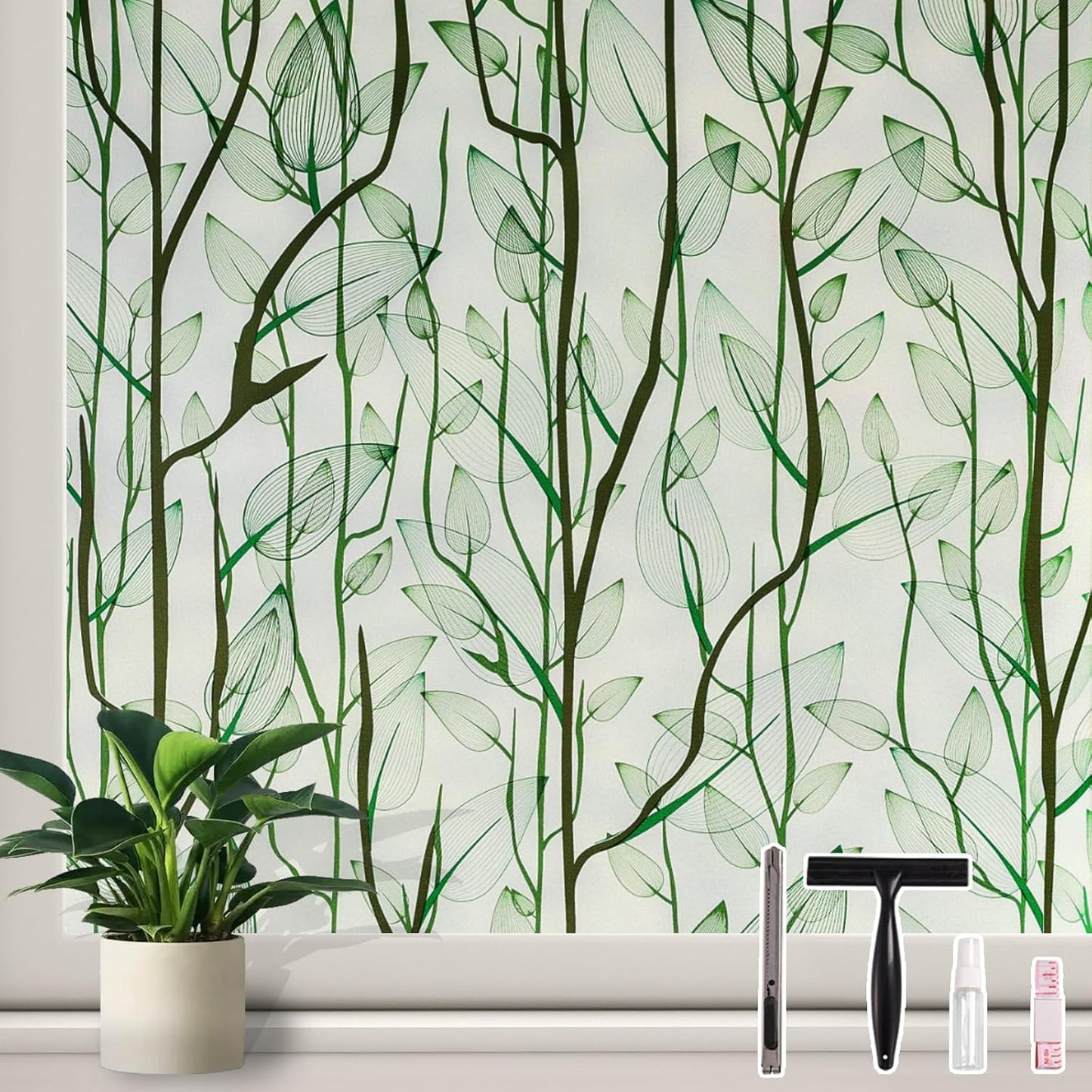 Donox Frosted Glass Window Film Heat Control UV Blocking, Static Cling Reusable Home Bathroom Door Window Privacy Film, Green Leaf Pattern Window Covering with Installation Tool, 17.5 in x 13.1 feet