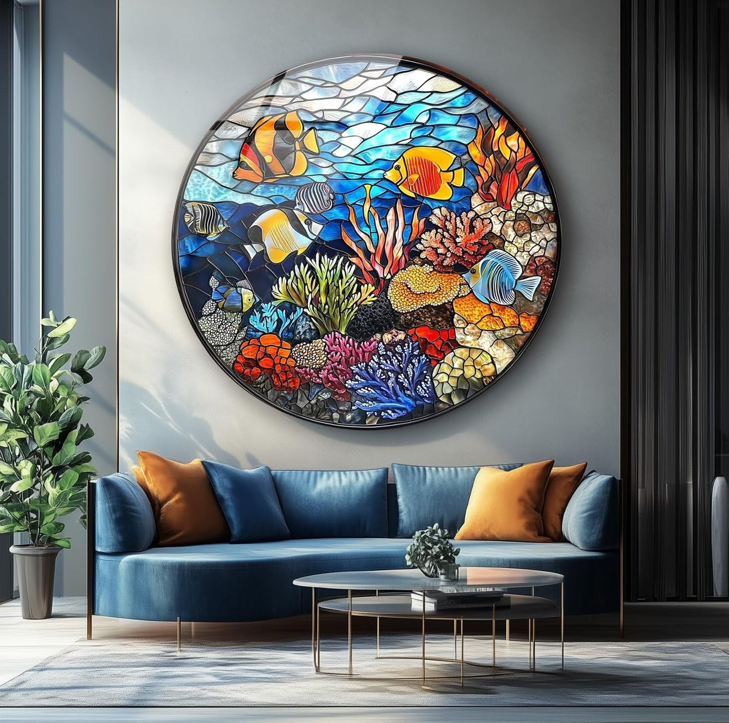 My Photostation.com 15.8''(40cm) Diameter Coral Reef Mosaic Round Glass Wall Art Tempered Glass Printing Wall Decor Large Wall Art Wall Hangings