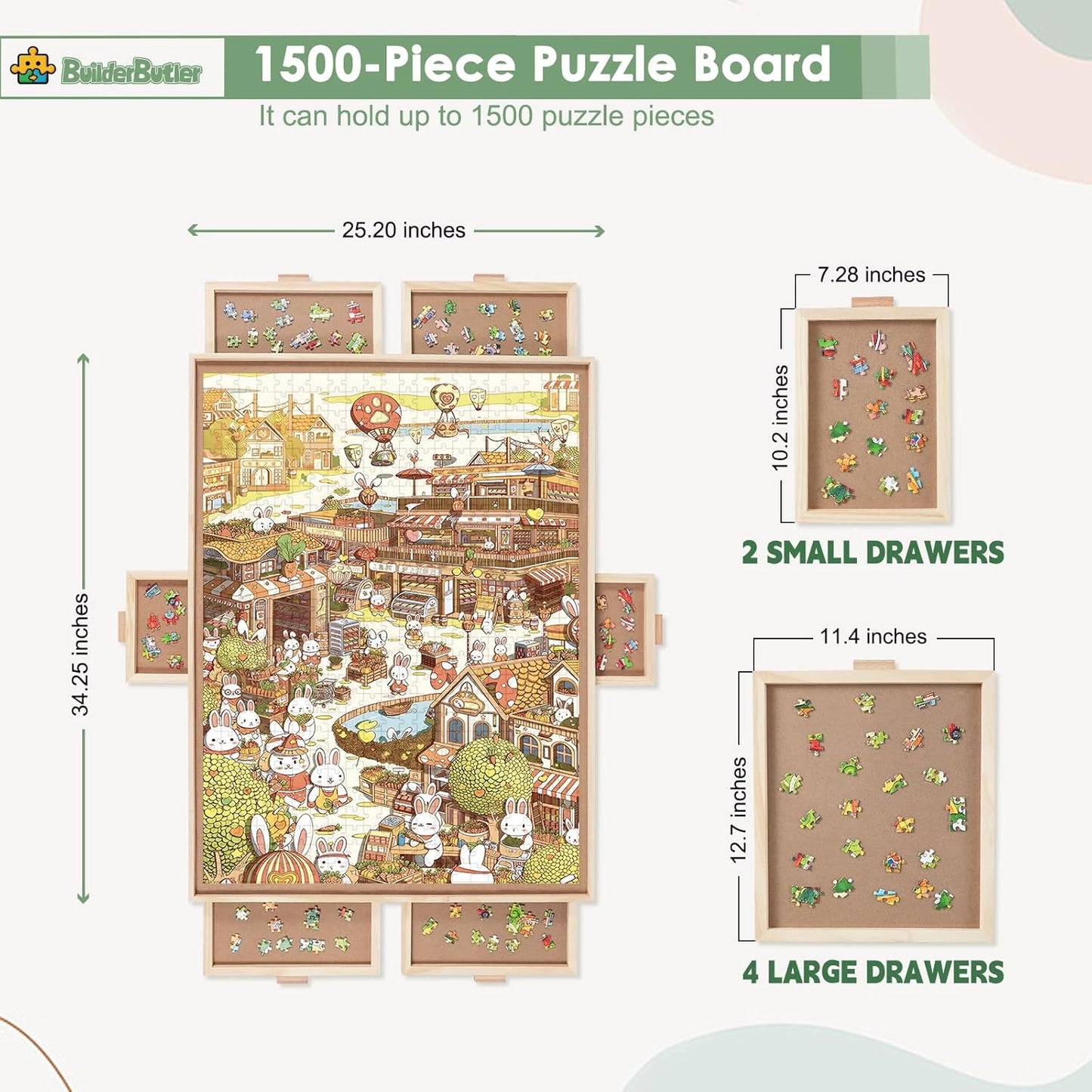 1500 Pieces Rotating Puzzle Board with 6 Drawers,34.25"x25.2" Portable Wooden Jigsaw Puzzle Table with Lazy Susan Spinning Cover