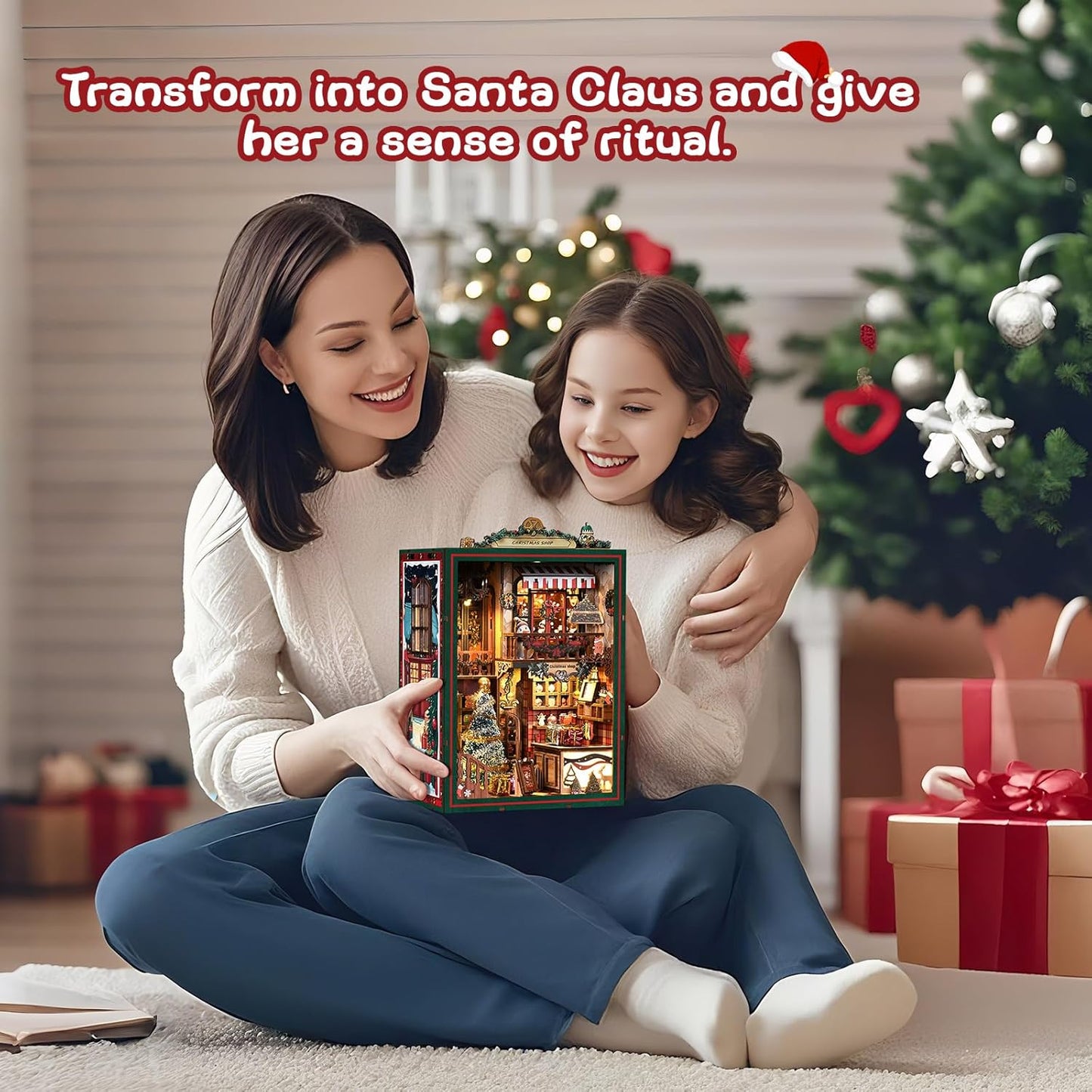 Book Nook Kit - DIY Miniature Dolls House Kit with Furniture and LED Light, 3D Puzzle Wooden Art Bookends, Model Kits for for Adults and Teens (Christmas Shop)