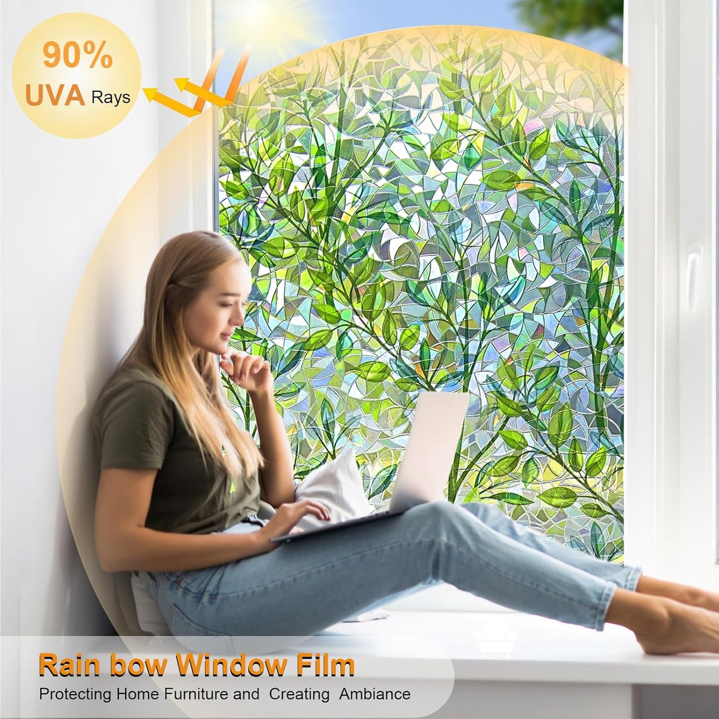 Window Privacy Film Stain Glass Window Film Rainbow Window Film Window clings Non-Adhesive Reusable Decorative for Room (Leaf Rainbow, 35.4 x 78.7 in)