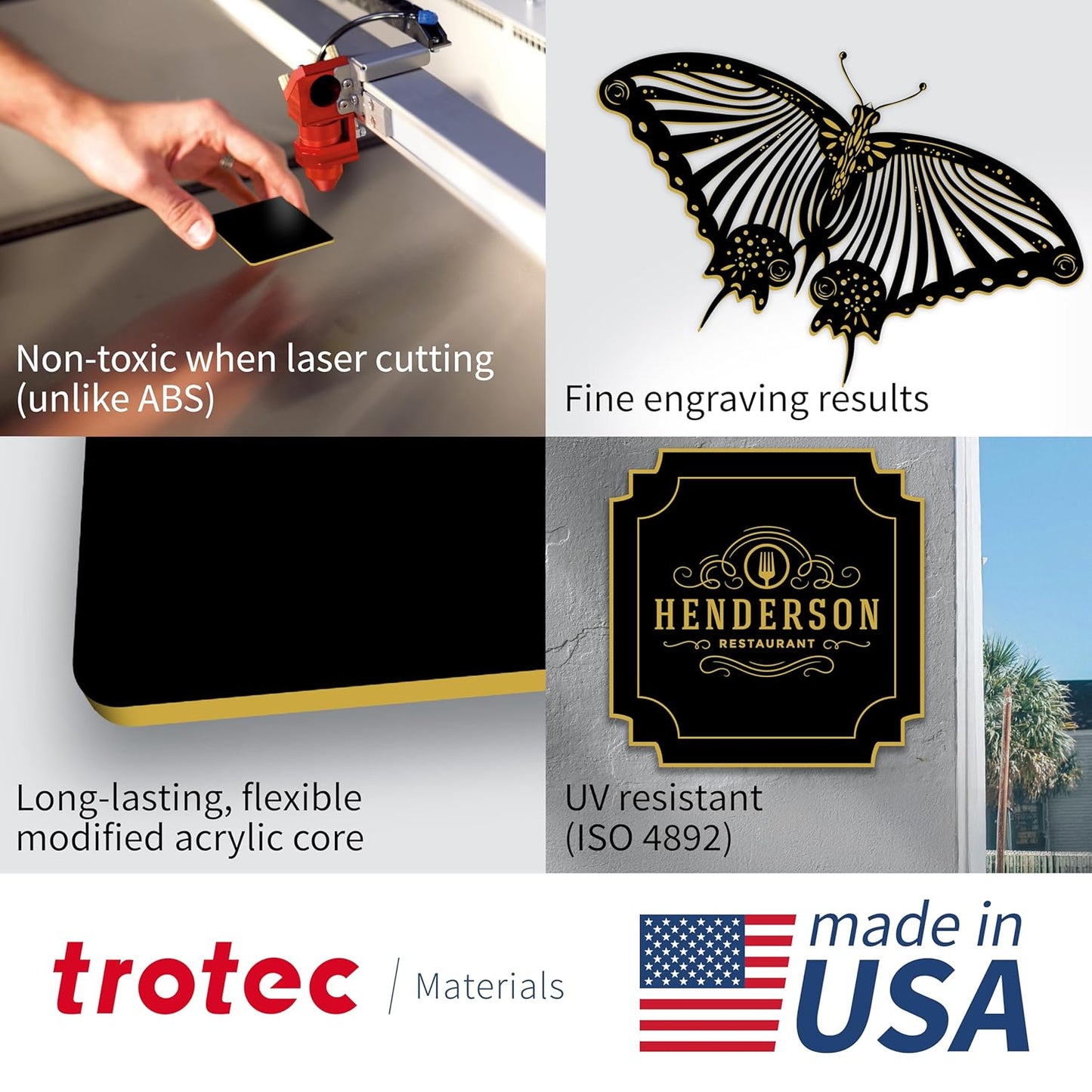 Trotec TroLase | 8"x12"x1/16", 10 Pcs | Black/Gold | 2 Ply | Modified Acrylic | Laser Engraving Double Color Plastic Sheet | Engraving Blanks for Laser, Saw, Guillotine | Made in USA
