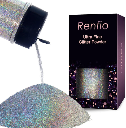 Renfio Holographic Ultra Fine Glitter Powder Metallic Resin Glitter 2.11 Oz (60g) PET Flakes Crafts Sequins 1/128" 0.008" 0.2mm Epoxy Chips Flakes for Tumblers Slime - Diamond Laser Silver