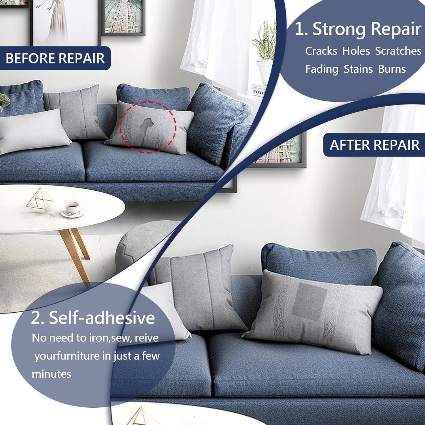 Canvas Repair Patch, Strong Sticky Fabric Repair Tape, Self-Adhesive Fabric Patch for Sofas, Tote Bags, Clothing, Car Seats, Furniture (Blue Grey, 3.5X79 Inch)