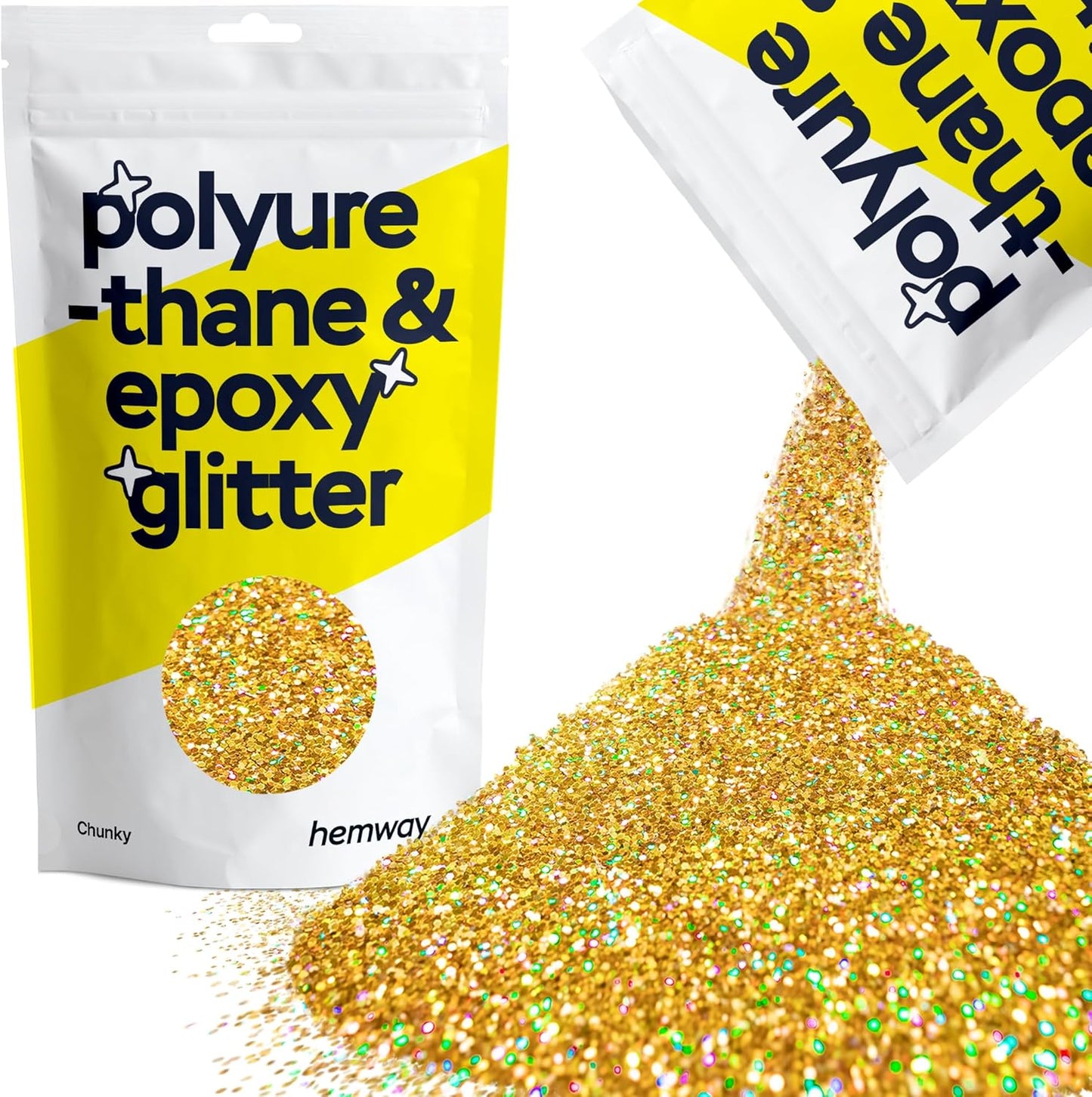 Hemway Polyurethane & Epoxy Resin Glitter 100g / 3.5oz Metallic Crystal Flake Additive for Flooring Jewelry Tumblers Glass Pigment - Chunky (1/40" 0.025" 0.6mm) - Gold Holographic